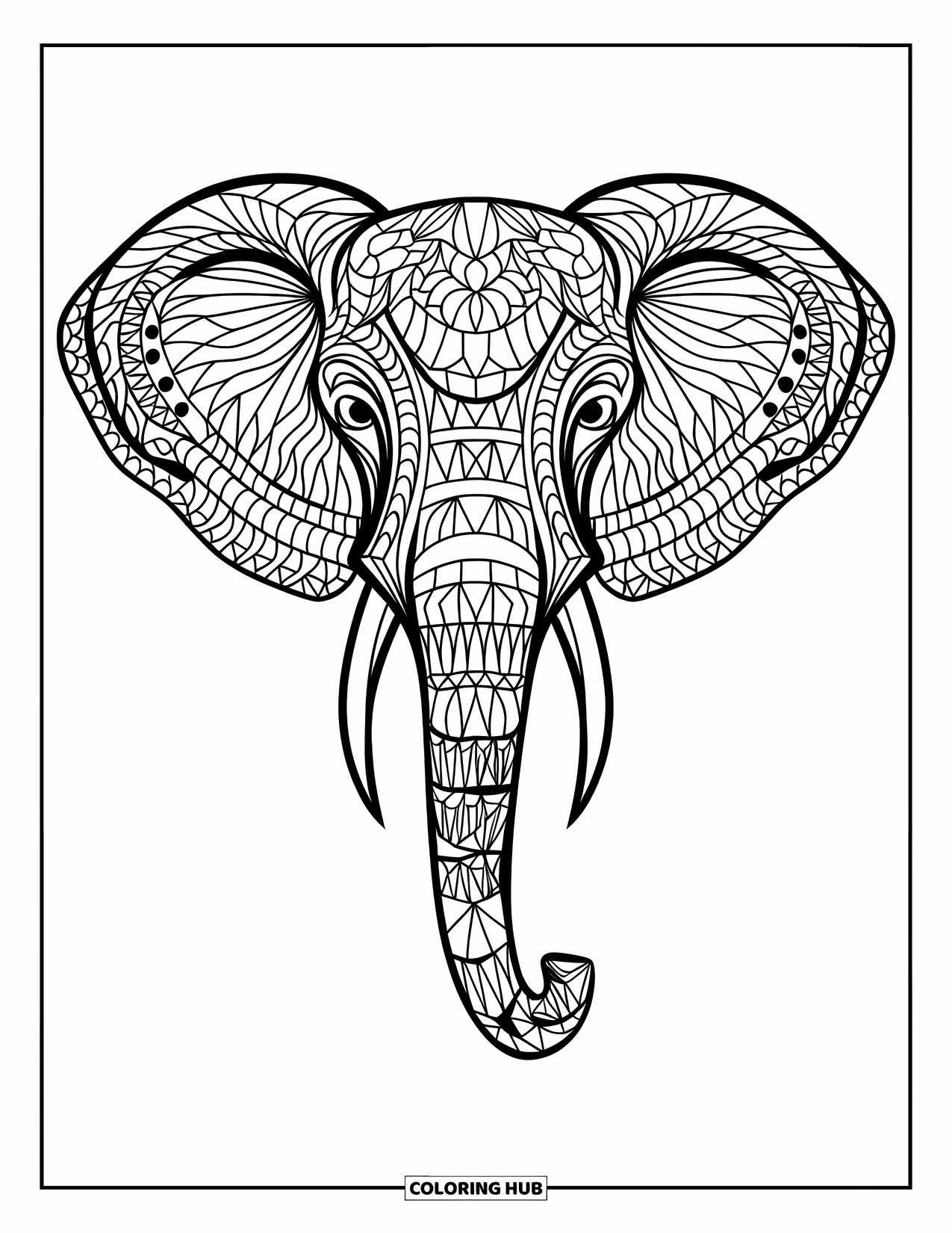 Mosaic Coloring Page for Adults: A mosaic elephant head with artistic patterns and detailed shapes