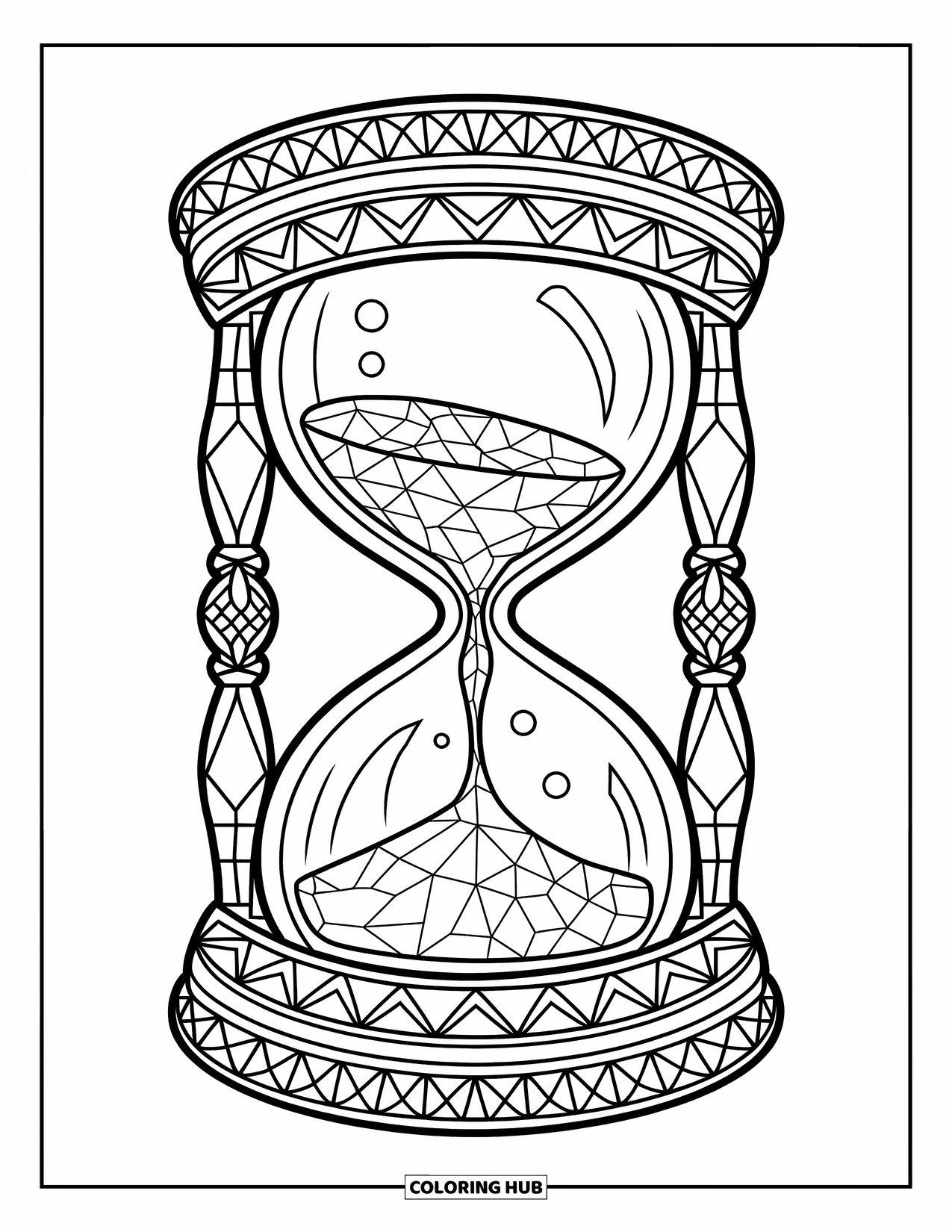 Mosaic Coloring Page for Adults: A mosaic hourglass with flowing sand and detailed artistic patterns