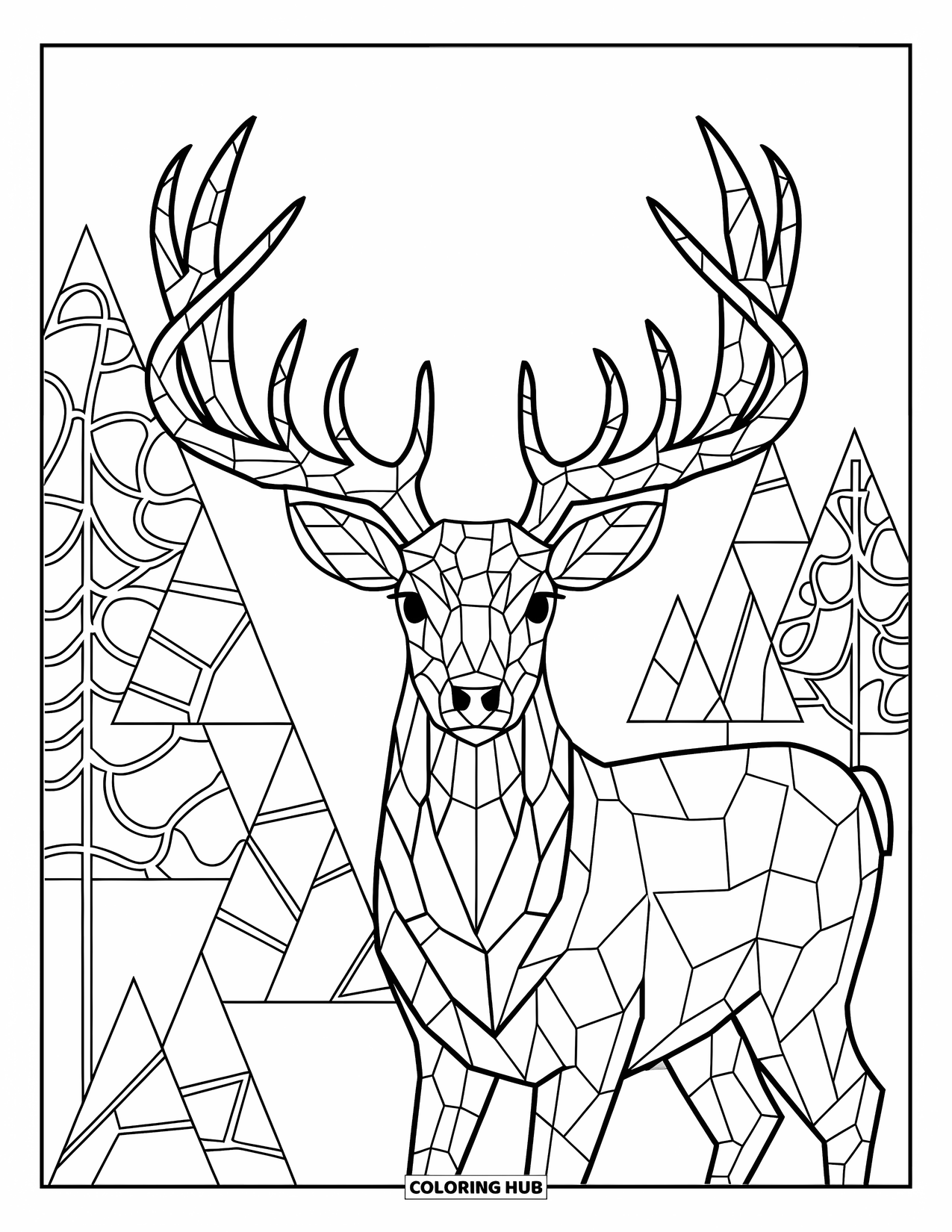 Mosaic Coloring Page for Adults: A mosaic-style deer in a forest with patterned trees and distant mountains