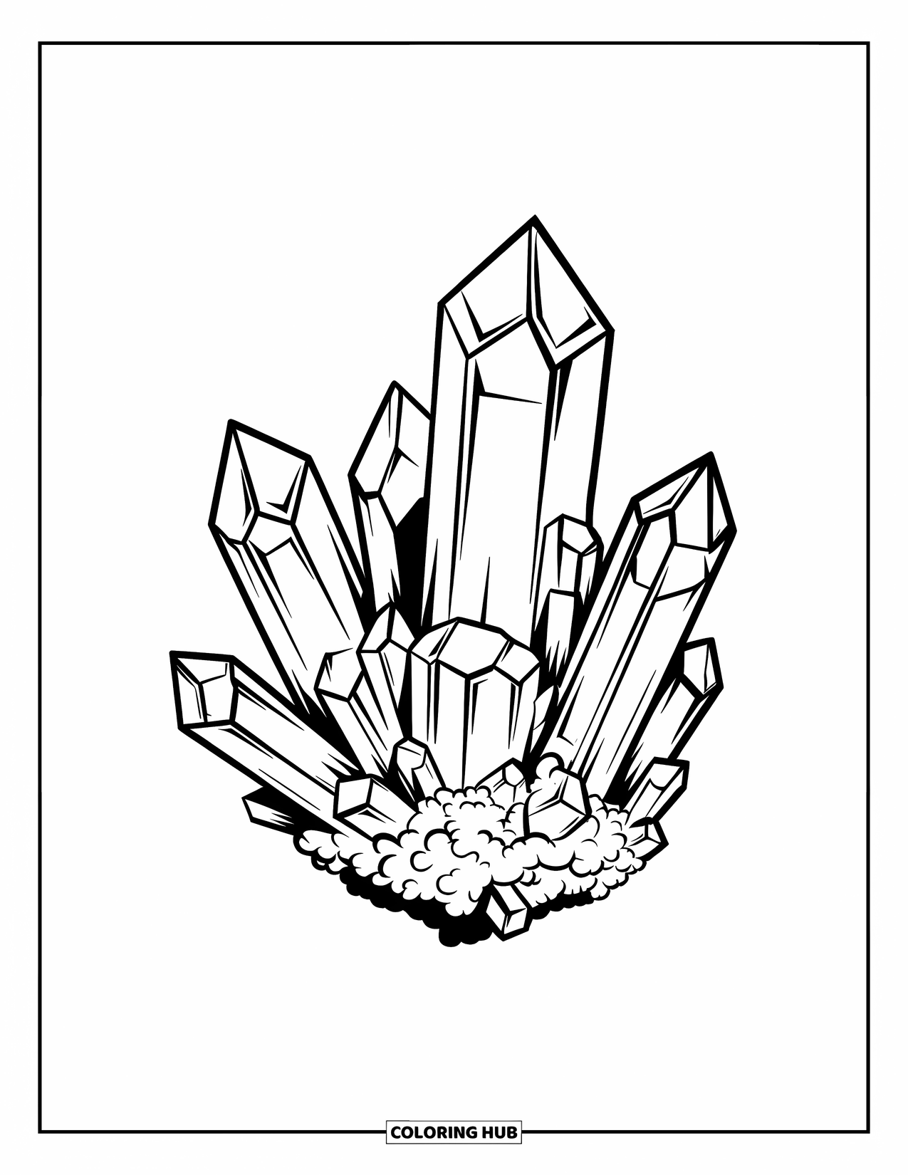 Mosaic Coloring Page for Adults: A mystical crystal cluster made of small mosaic-like shards