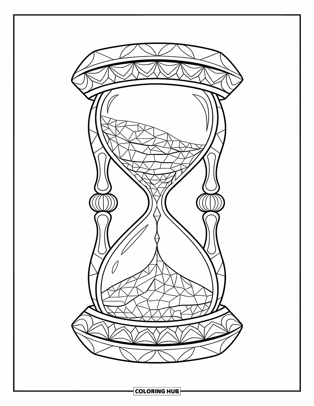 Mosaic Coloring Page for Adults: An hourglass with angular mosaic sections and flowing sand inside