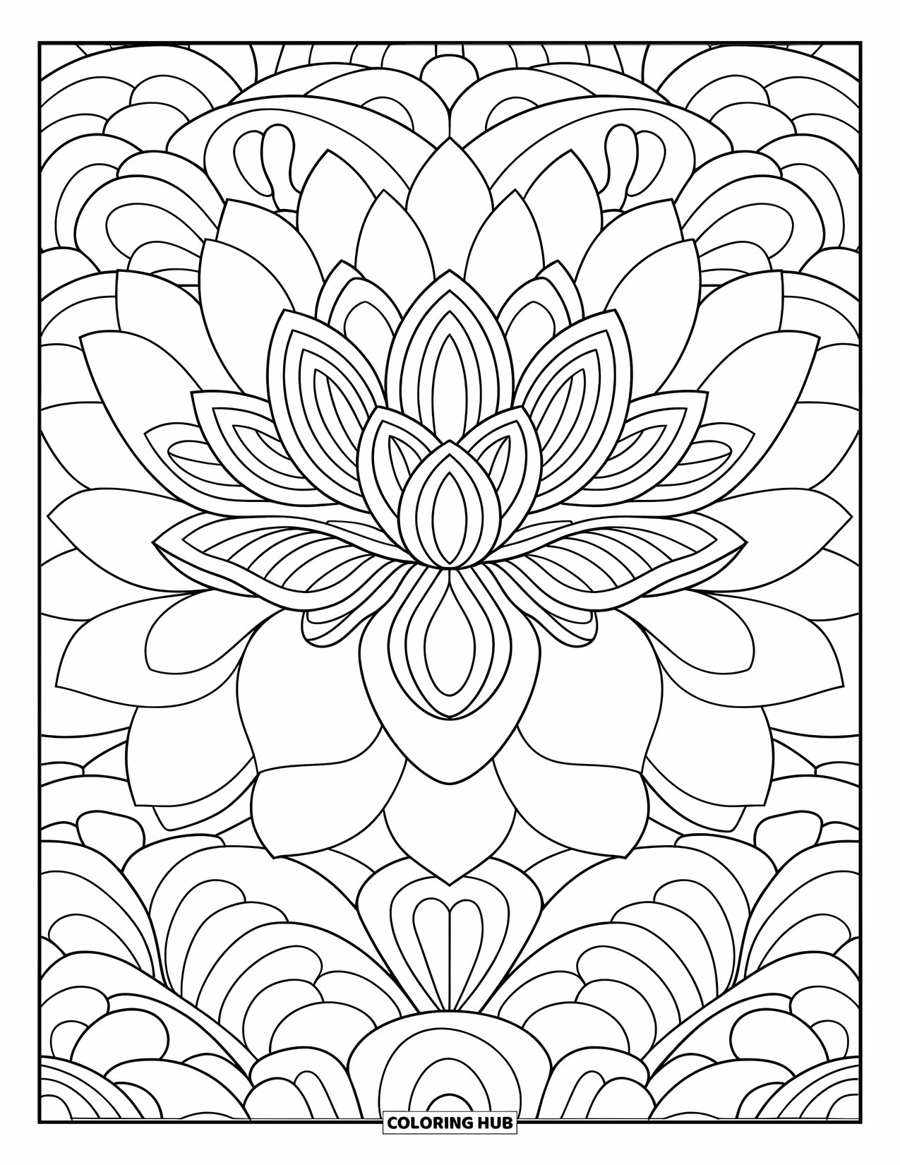 Mosaic Coloring Page for Adults: An intricate lotus flower with curved layers and delicate mosaic-inspired details