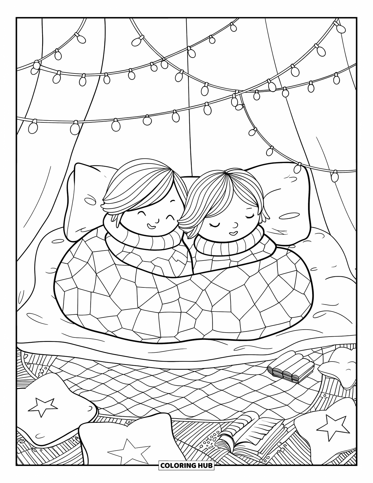 Mosaic Coloring Page for Adults: Kids in sweaters share a blanket in a fort with lights, pillows, and storybooks
