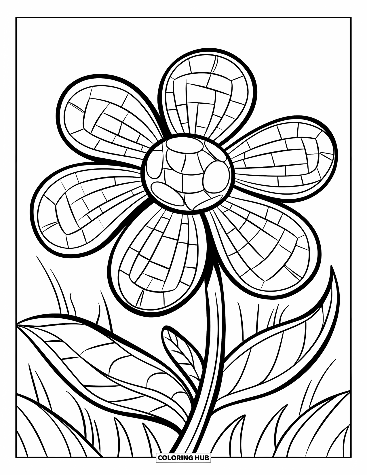 Mosaic Coloring Page for Kids: A big flower with five mosaic petals and a leafy stem