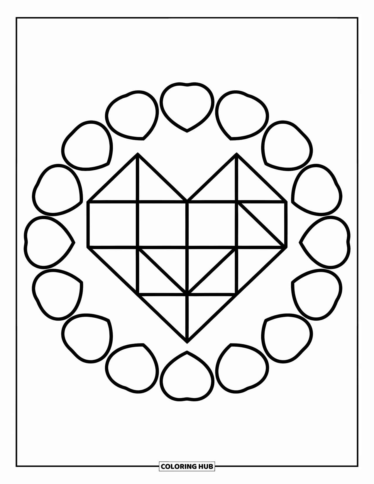 Mosaic Coloring Page for Kids: A big tiled heart is surrounded by smaller hearts in a fun design