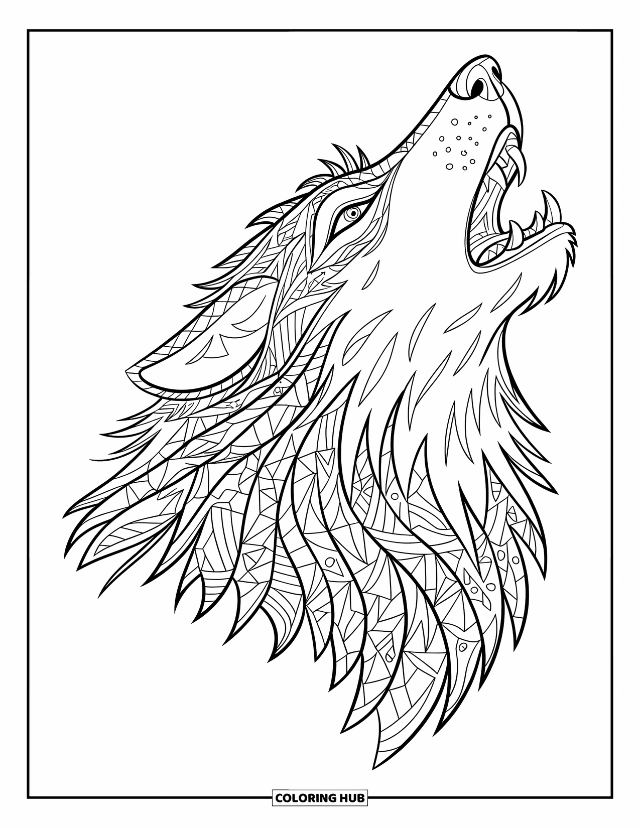 Mosaic Coloring Page for Kids: A bold wolf howls with bared teeth and mosaic-patterned fur
