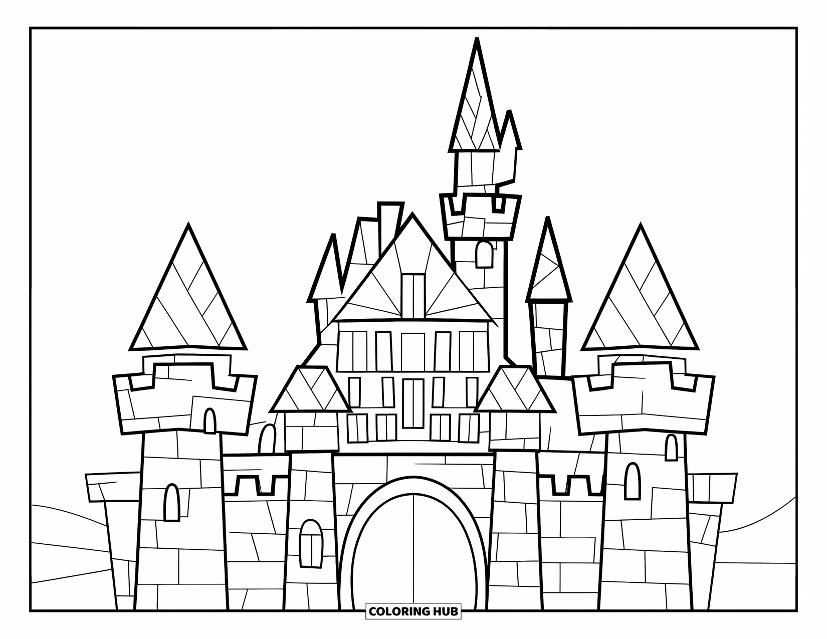 Mosaic Coloring Page for Kids: A castle with shaped turrets and windows sits under a clear sky