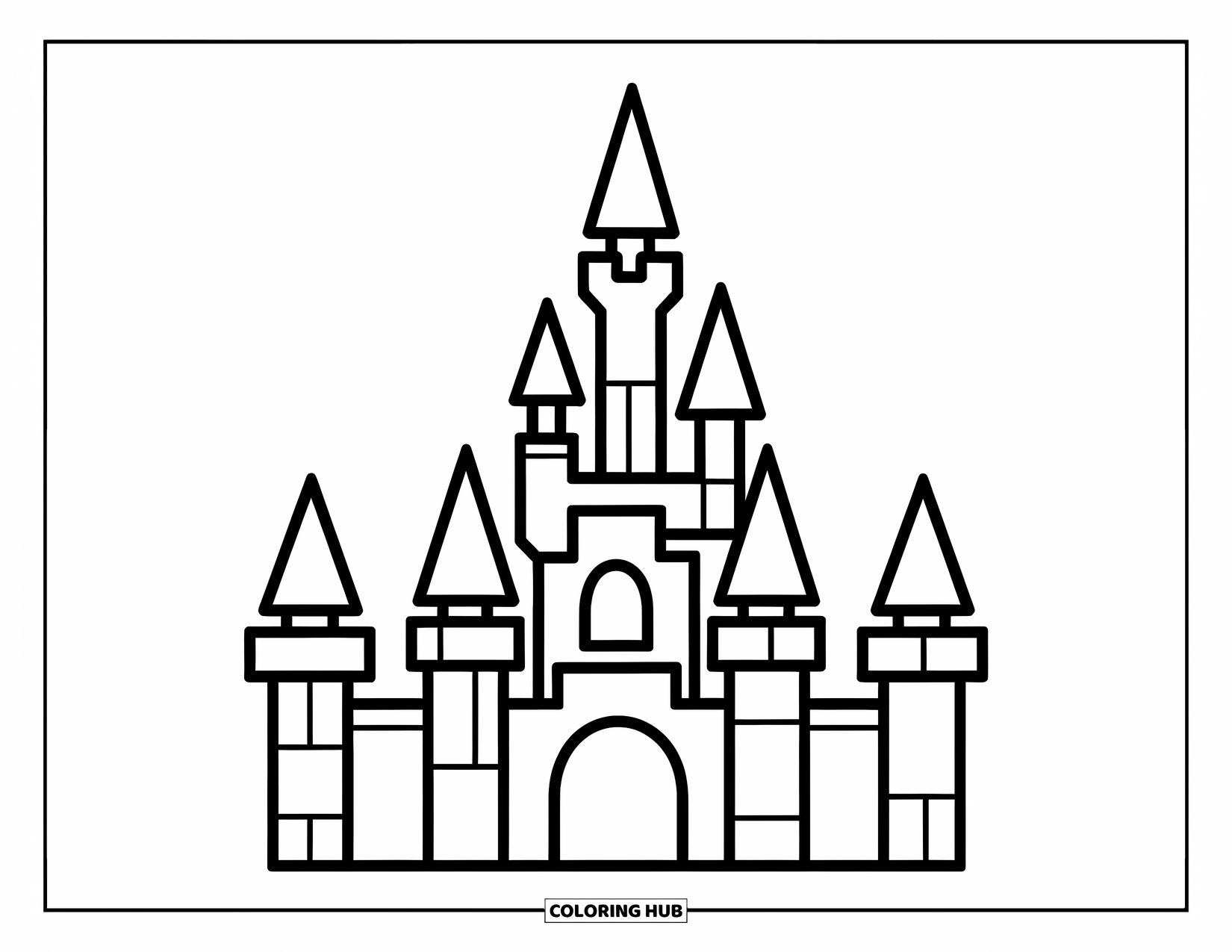 Mosaic Coloring Page for Kids: A castle with turrets made of squares and triangles stands tall and bold