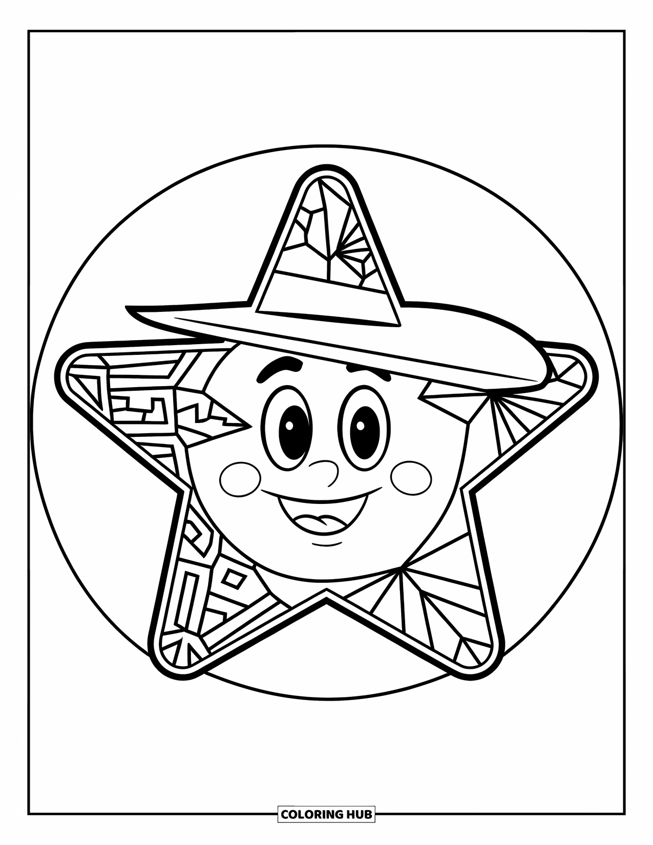 Mosaic Coloring Page for Kids: A cheerful star with a hat smiles from inside a circle