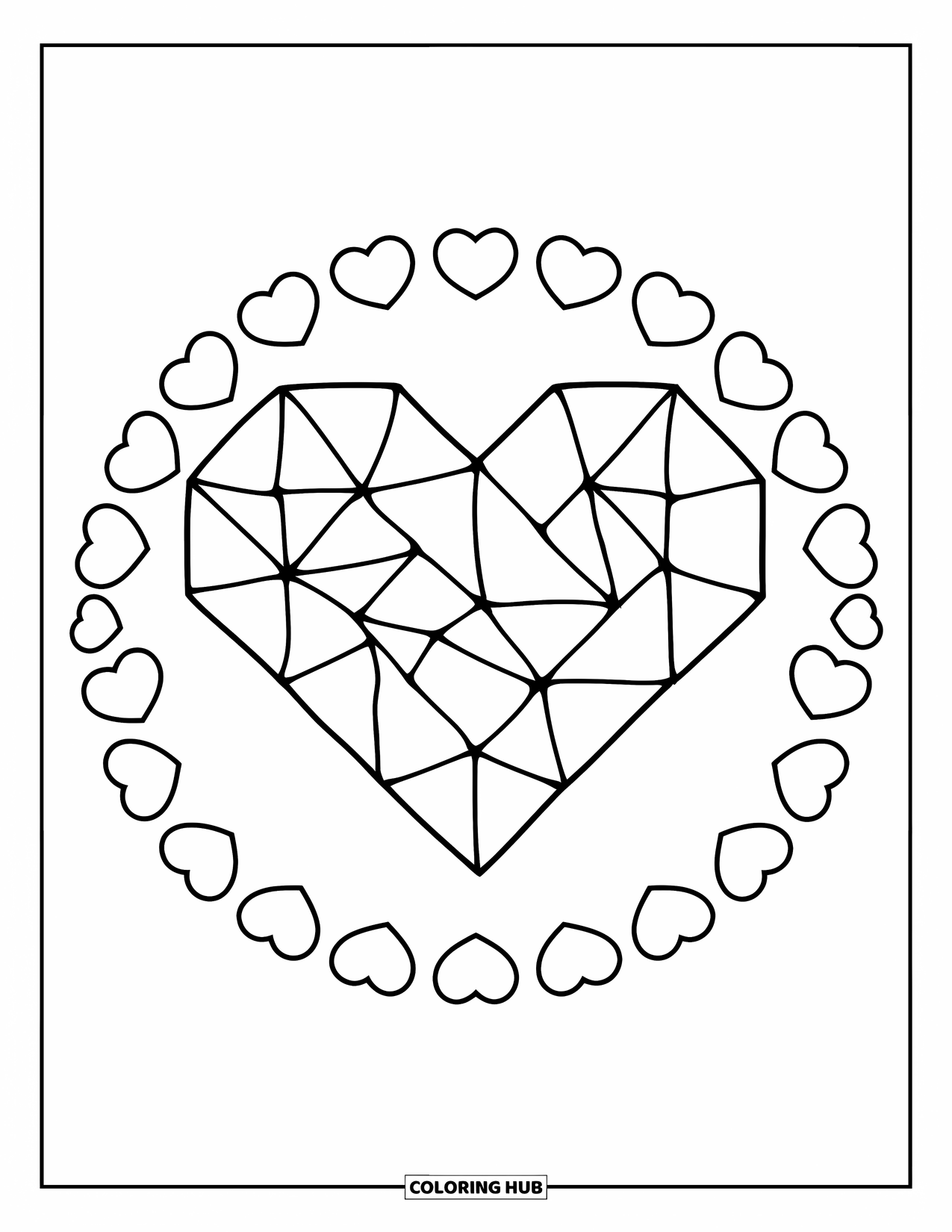 Mosaic Coloring Page for Kids: A chunky heart made of tiles is surrounded by tiny hearts