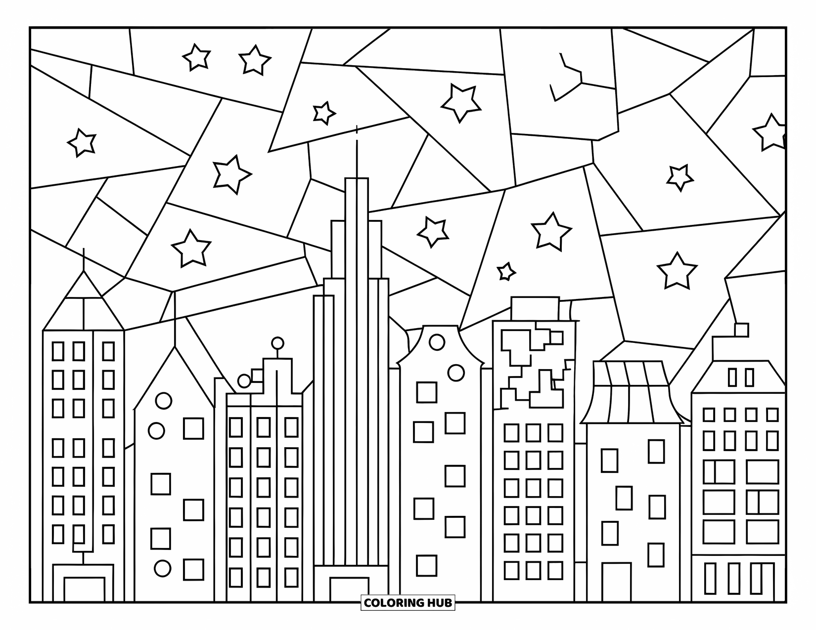 Mosaic Coloring Page for Kids: A cityscape with tall patterned buildings and stars twinkling in the sky