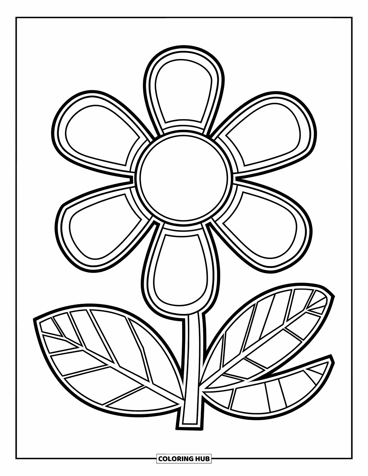 Mosaic Coloring Page for Kids: A flower with five tiled petals and curved leaves