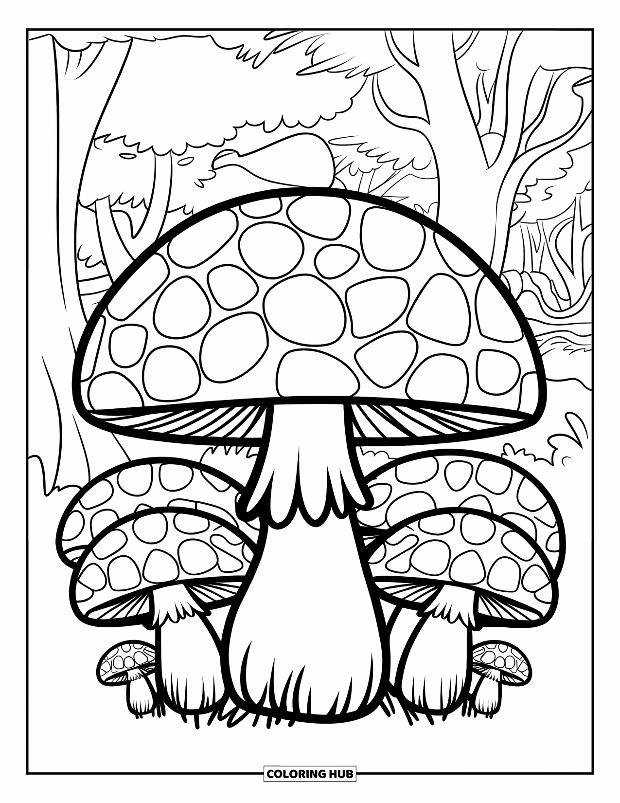 Mosaic Coloring Page for Kids: A fun mushroom with mosaic tiles stands among others in a forest setting