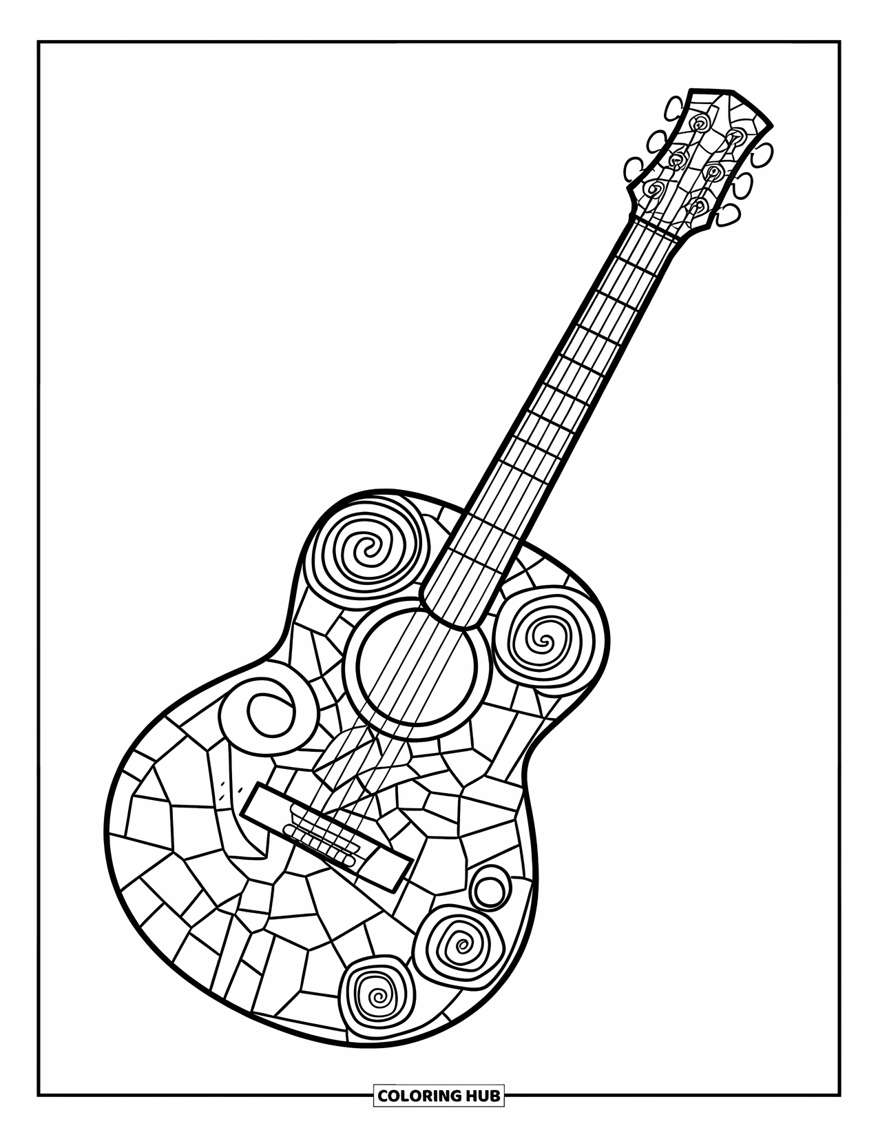 Mosaic Coloring Page for Kids: A guitar with swirled mosaic designs on the neck and body