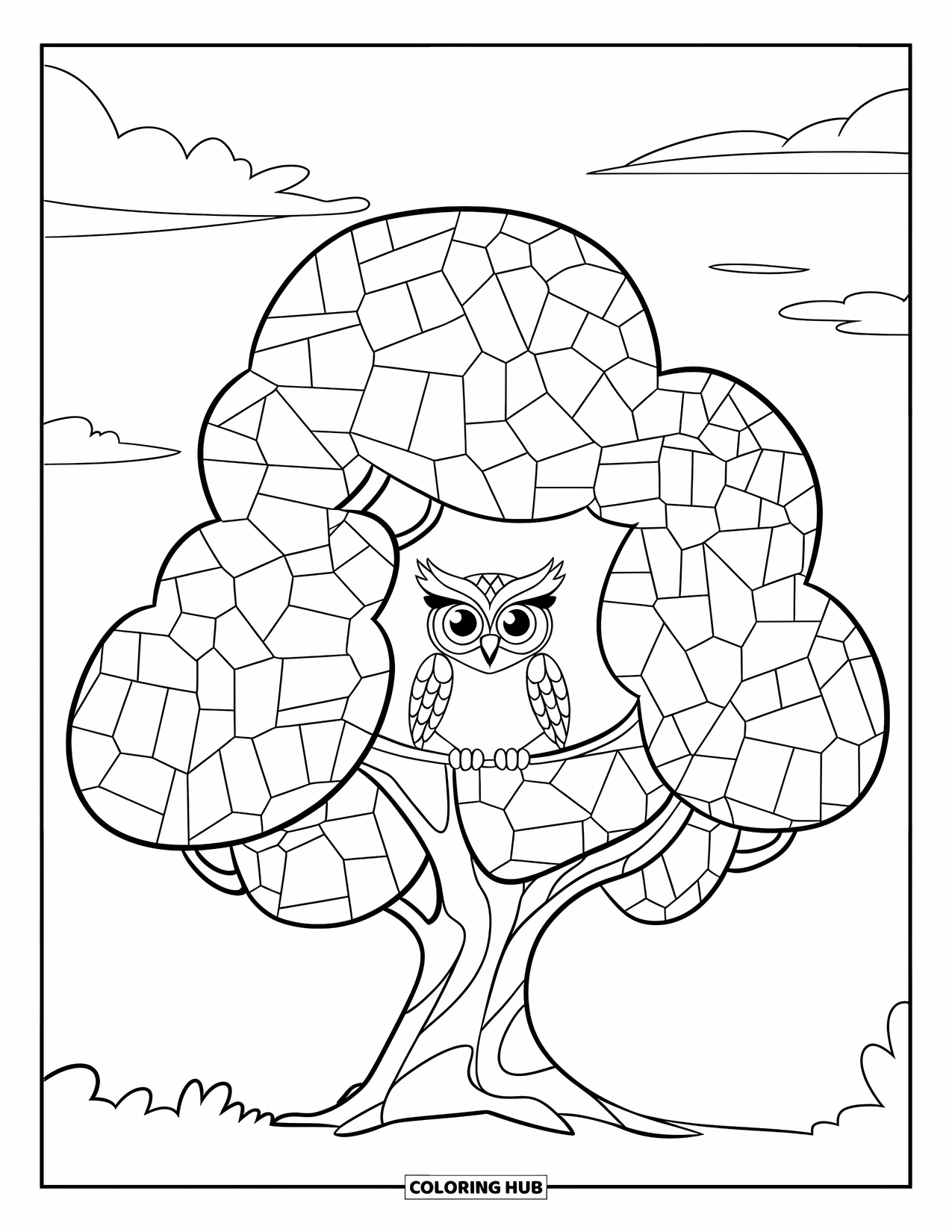 Mosaic Coloring Page for Kids: A happy owl rests on a tree branch under a sky filled with fluffy clouds