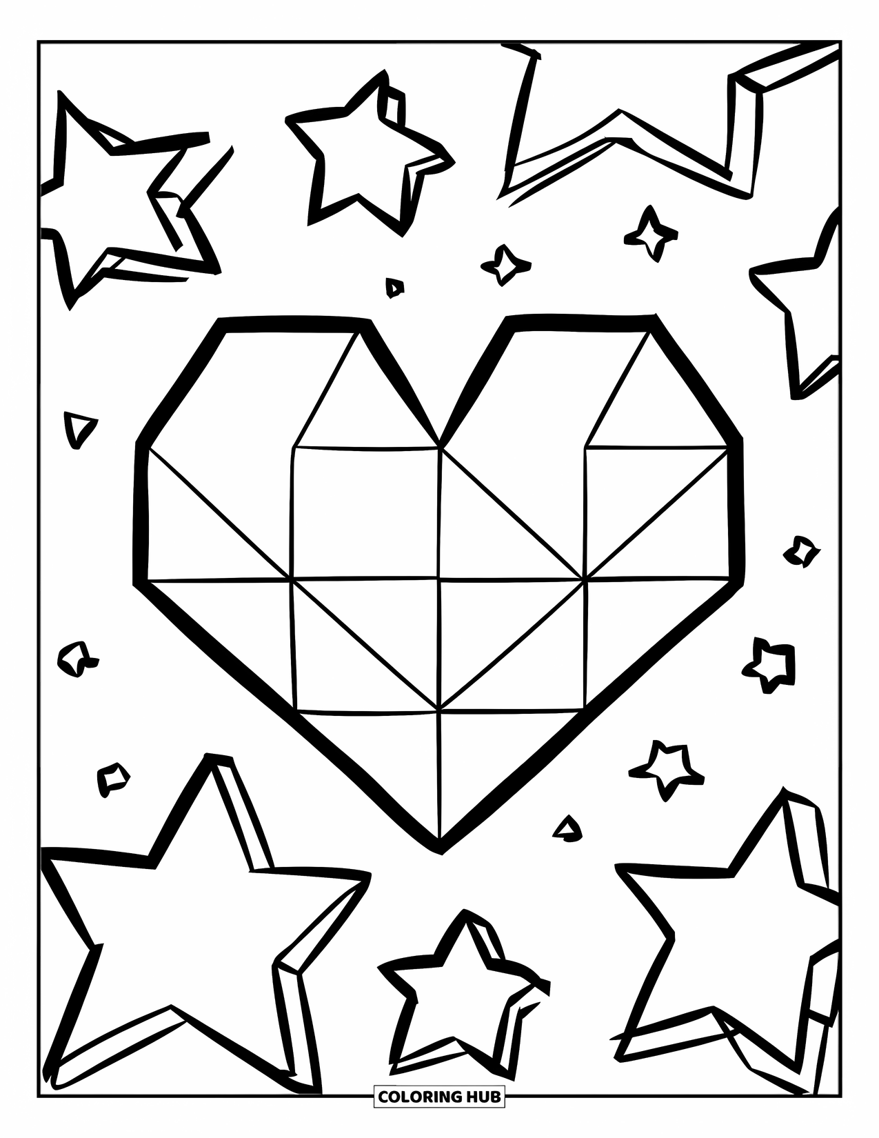 Mosaic Coloring Page for Kids: A heart made of shapes sits in a circle of stars