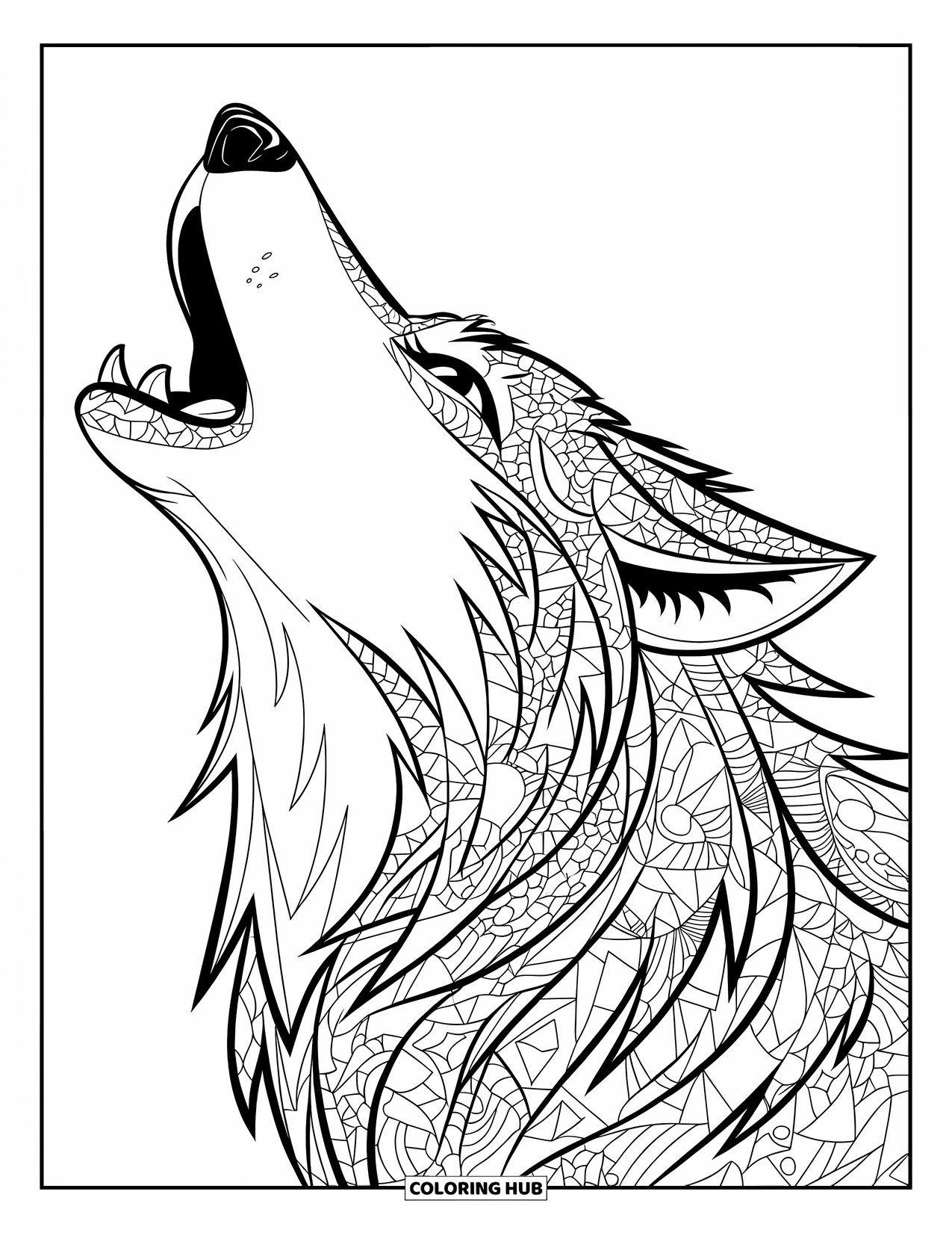 Mosaic Coloring Page for Kids: A howling wolf head with fur made of intricate mosaic shards