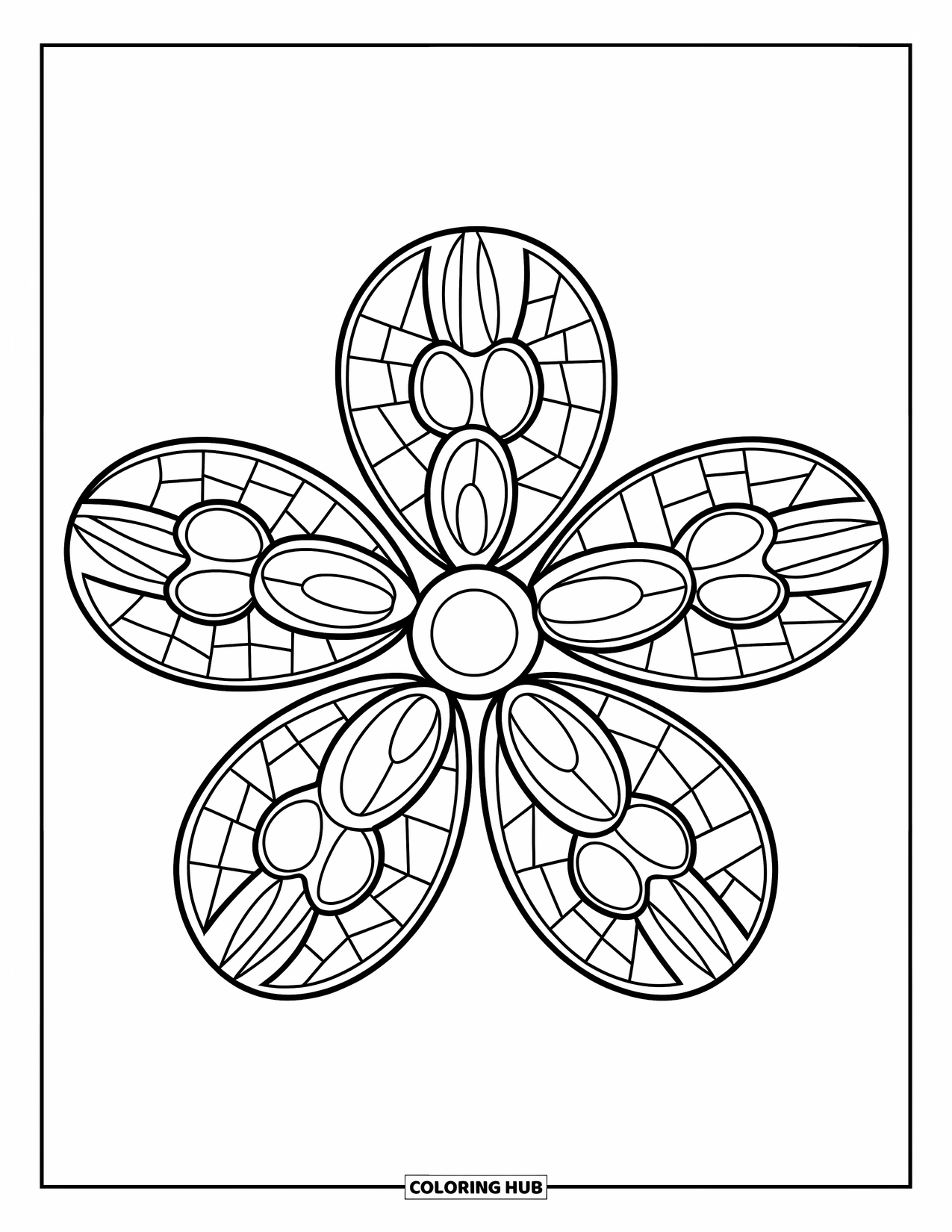 Mosaic Coloring Page for Kids: A large flower made of simple mosaic shapes sits at the center