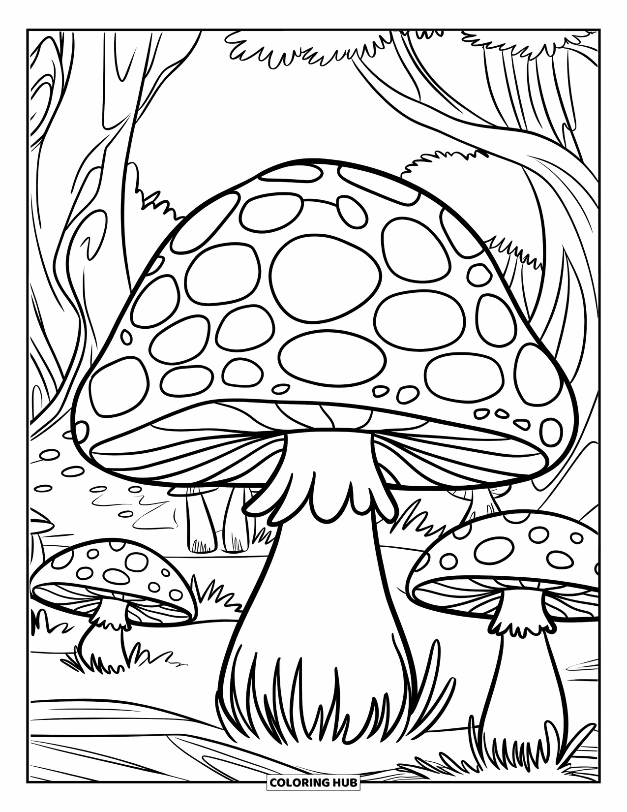 Mosaic Coloring Page for Kids: A large-tiled mushroom stands in a magical forest with trees and other fungi