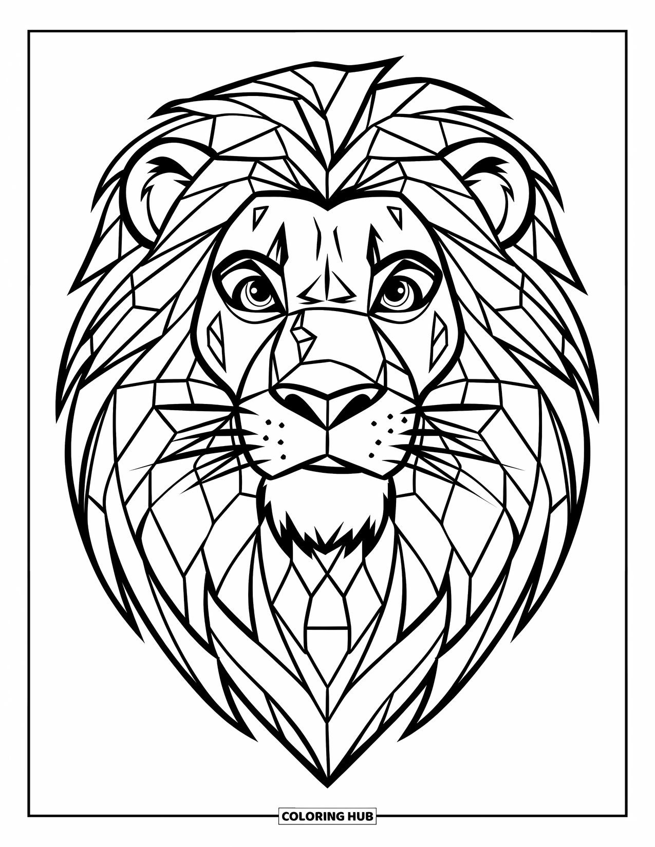Mosaic Coloring Page for Kids: A lion with a bold expression, mosaic mane, and unique facial details