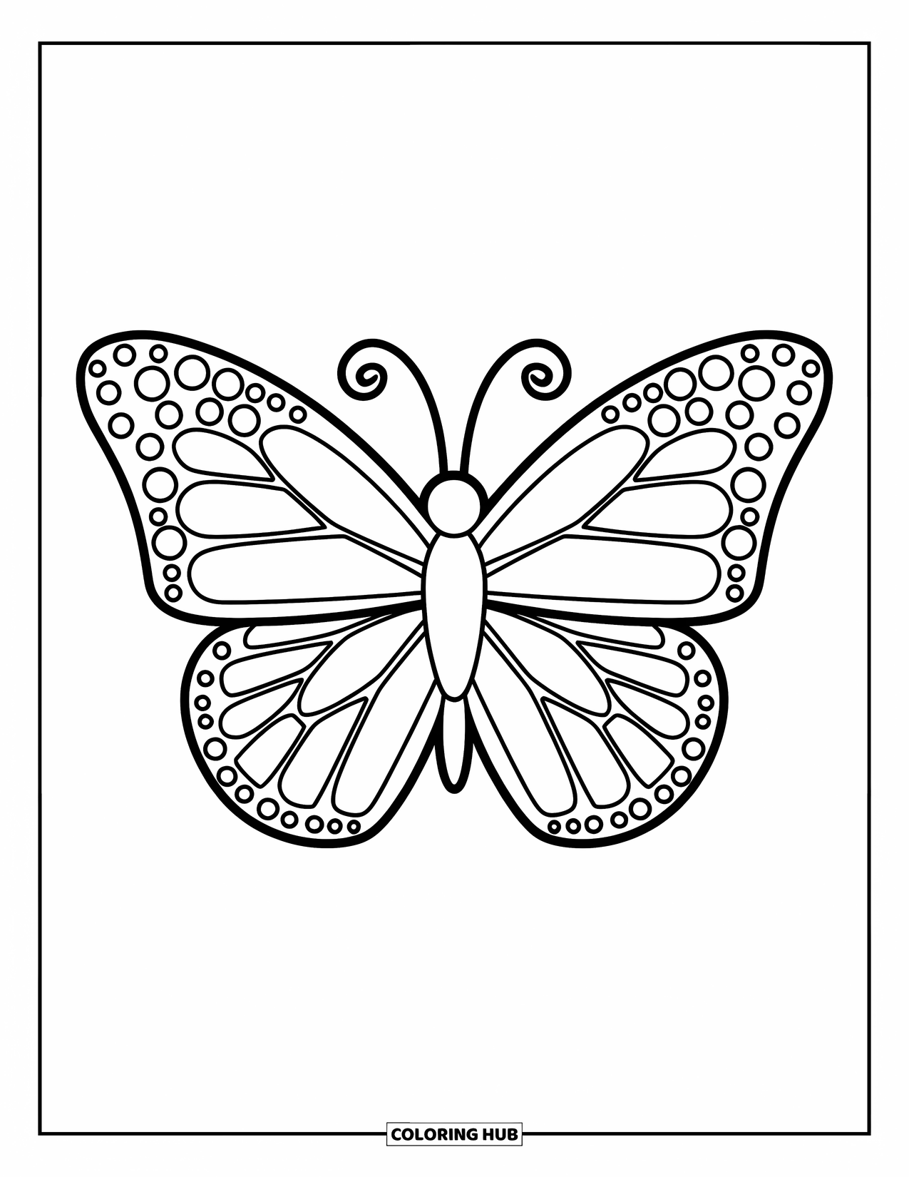 Mosaic Coloring Page for Kids: A mosaic butterfly with wide wings rests on a flower with leaves