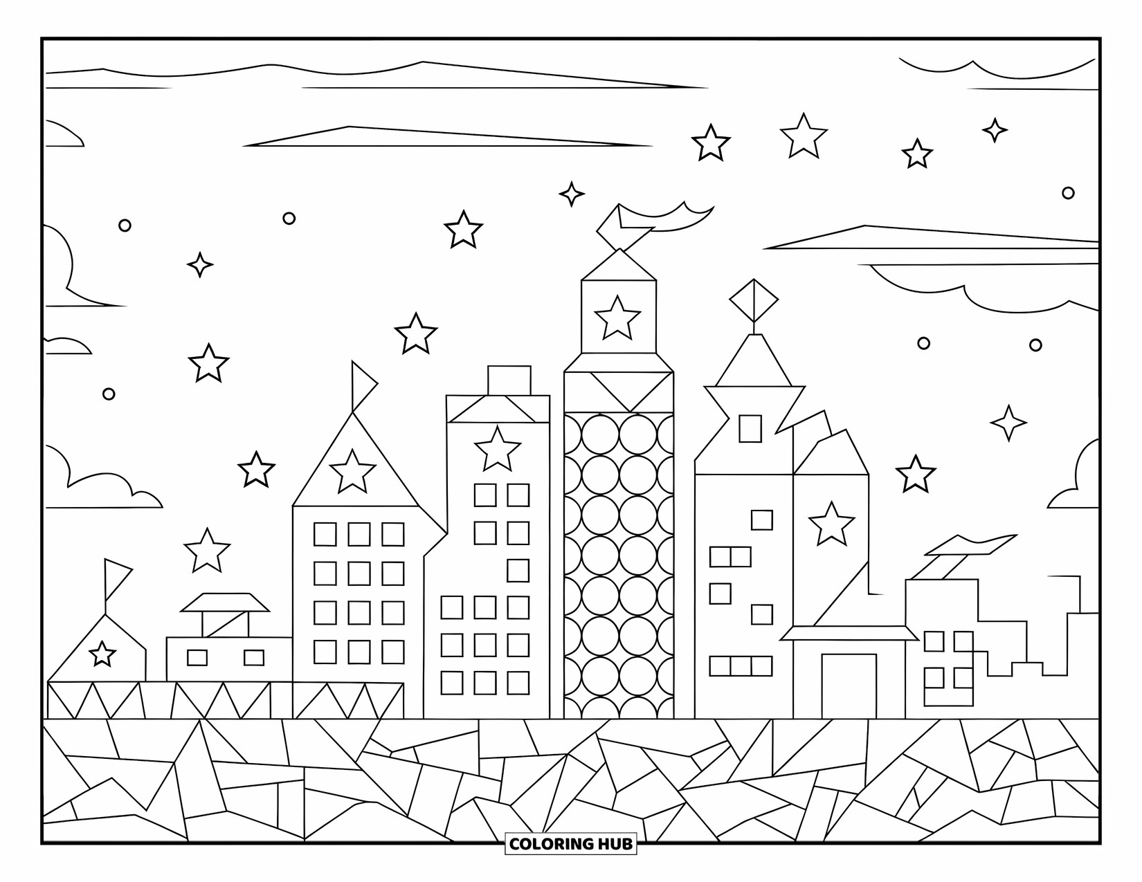 Mosaic Coloring Page for Kids: A mosaic city skyline filled with stars and buildings of all shapes and sizes