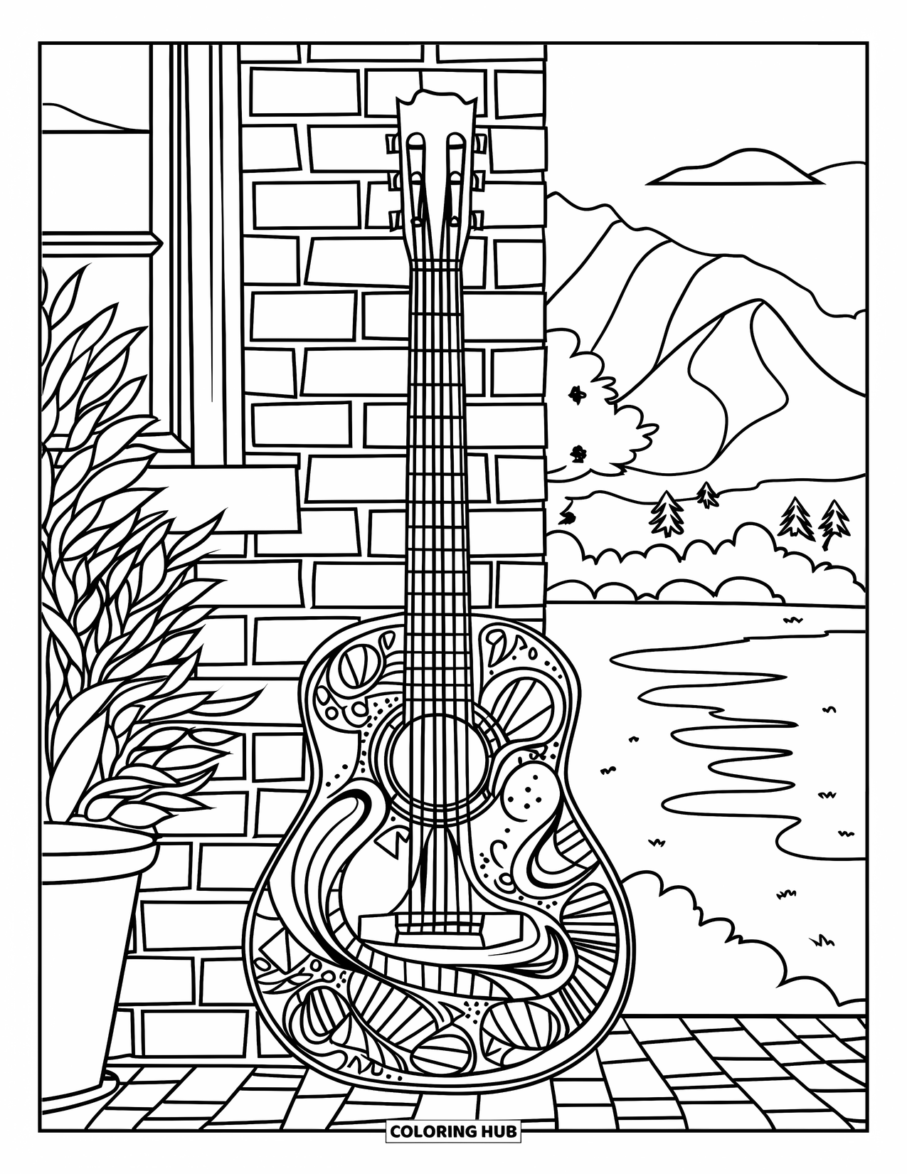 Mosaic Coloring Page for Kids: A mosaic-decorated guitar leaning on a brick wall near a plant and mountain view