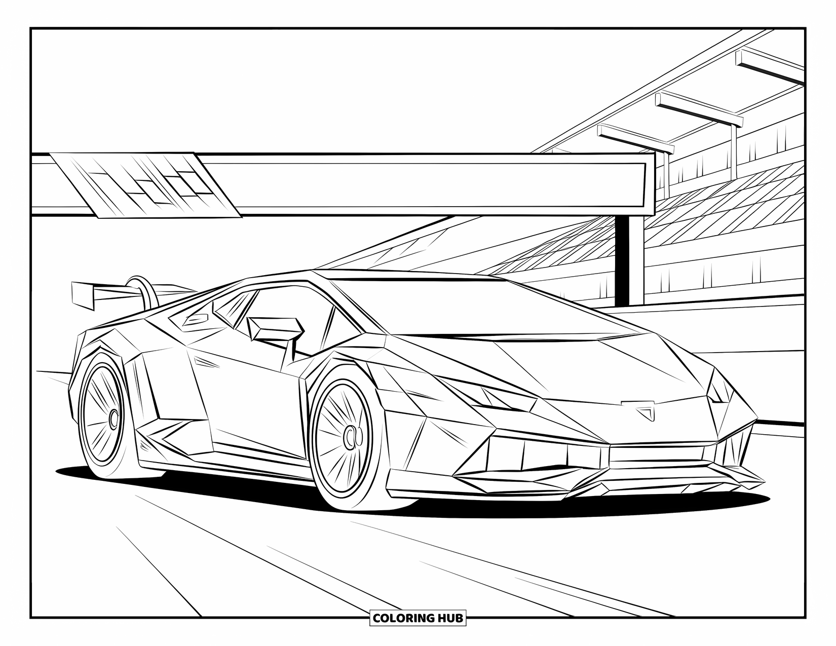 Mosaic Coloring Page for Kids: A mosaic sports car with a checkered roof races under a track banner