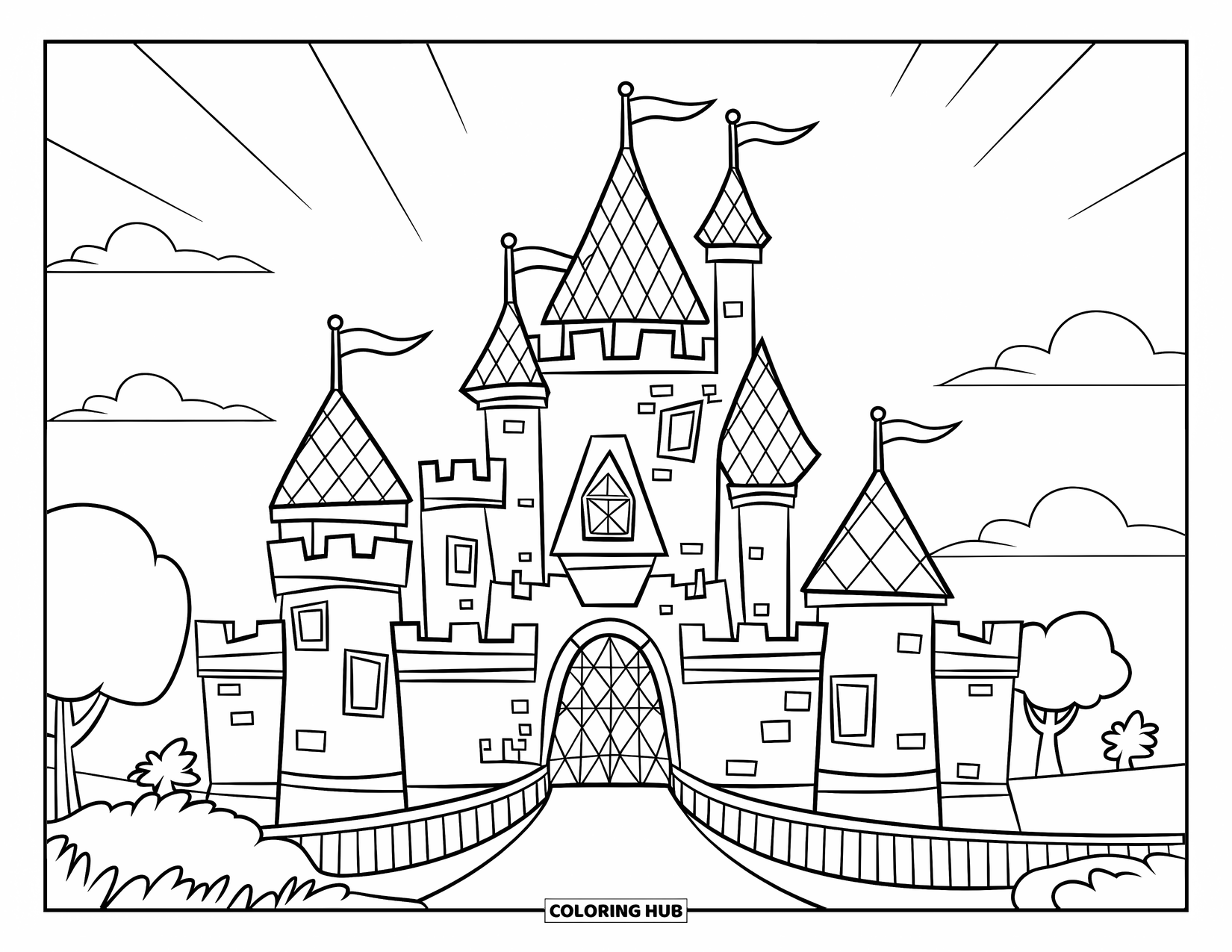 Mosaic Coloring Page for Kids: A mosaic-style castle with turrets, drawbridge, and trees stands beneath the sky