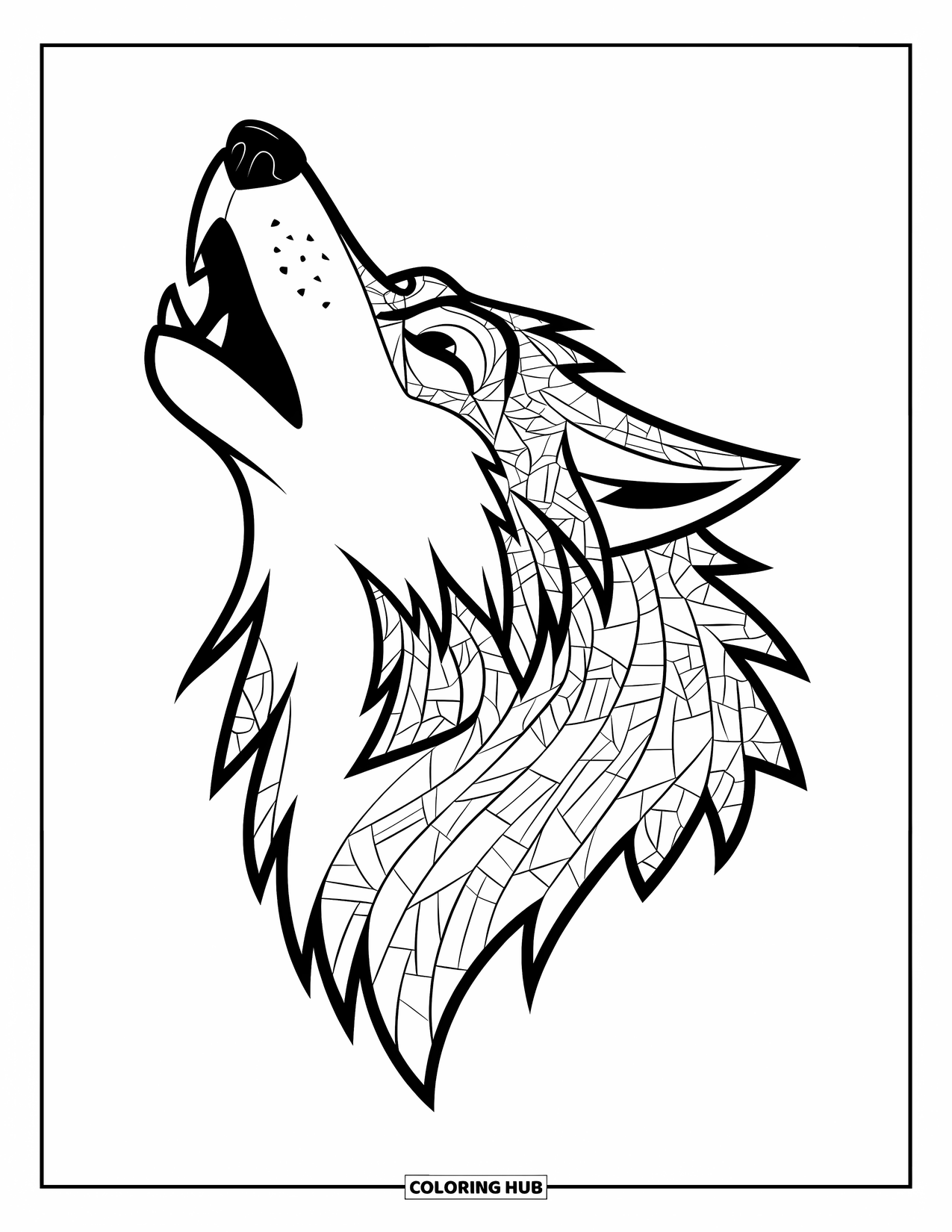 Mosaic Coloring Page for Kids: A mosaic-style wolf head howls into a blank sky