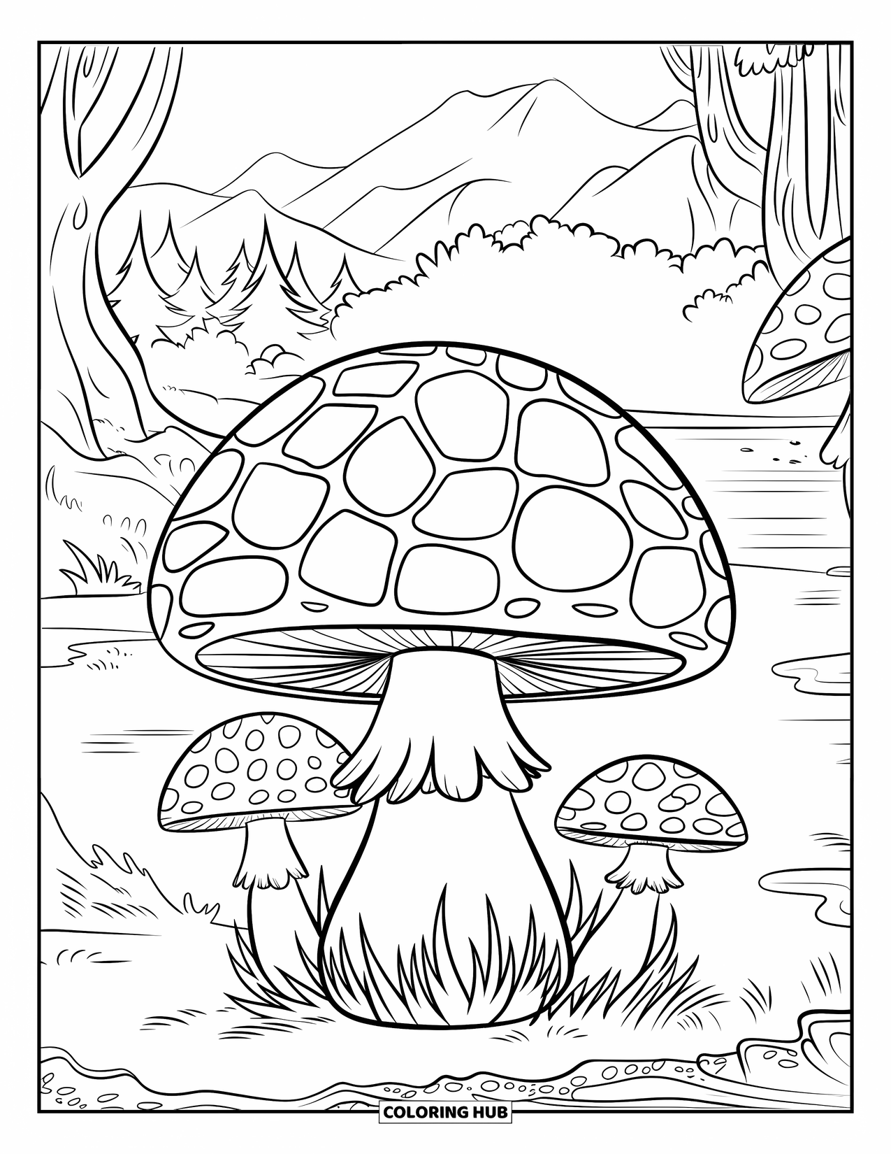 Mosaic Coloring Page for Kids: A mushroom with a mosaic dome sits in a forest near mountains and water