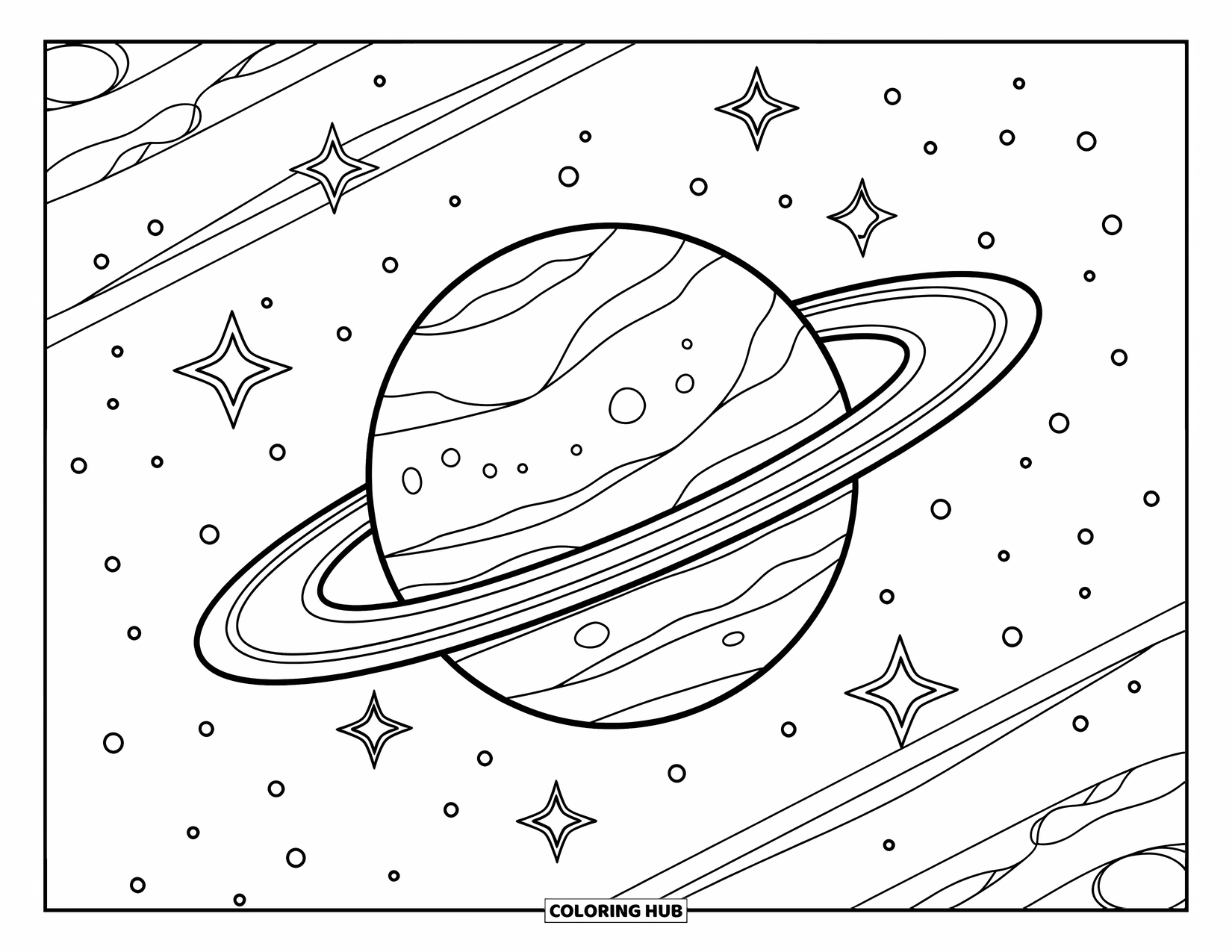 Mosaic Coloring Page for Kids: A planet with rings, craters, and stars filling the night sky