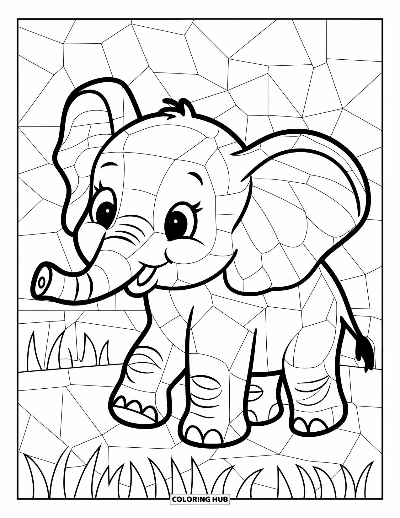 Mosaic Coloring Page for Kids: A playful elephant walks through a field filled with large mosaic shapes
