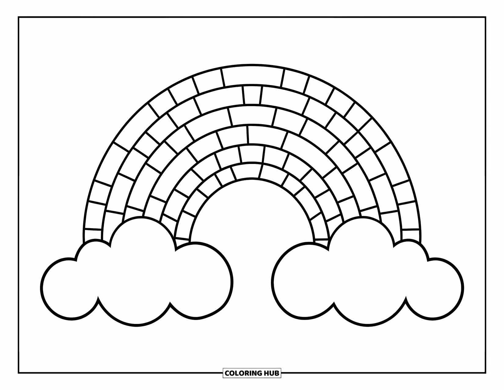 Mosaic Coloring Page for Kids: A rainbow made of mosaic strips arches between two fluffy clouds