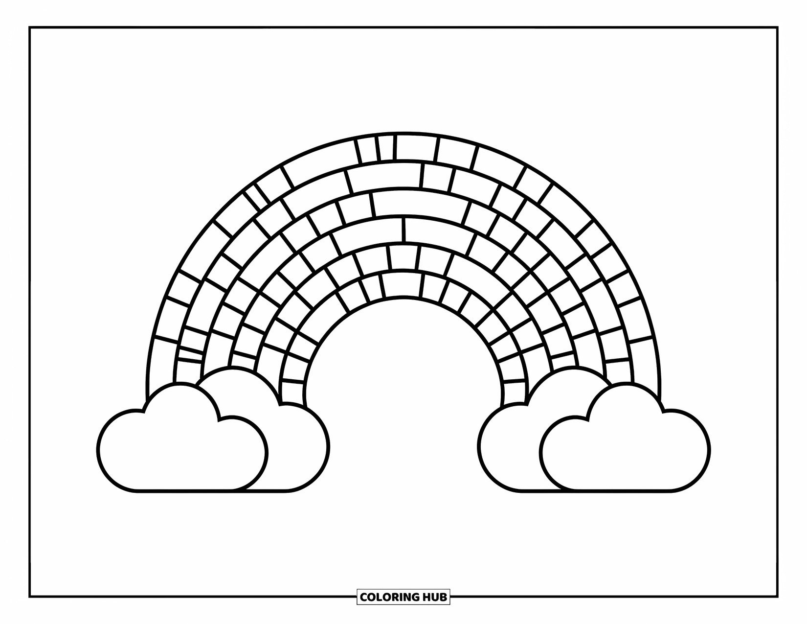 Mosaic Coloring Page for Kids: A rainbow made of wide mosaic strips arches between two fluffy clouds
