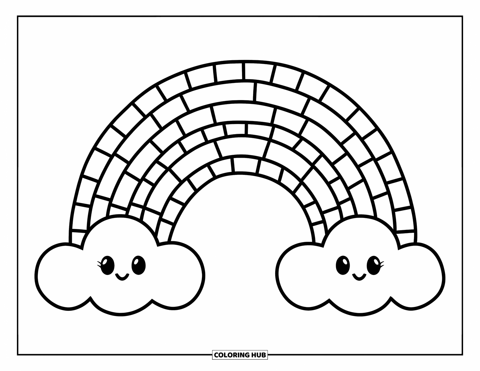 Mosaic Coloring Page for Kids: A rainbow with wide stripes and smiling clouds creates a cheerful, playful scene