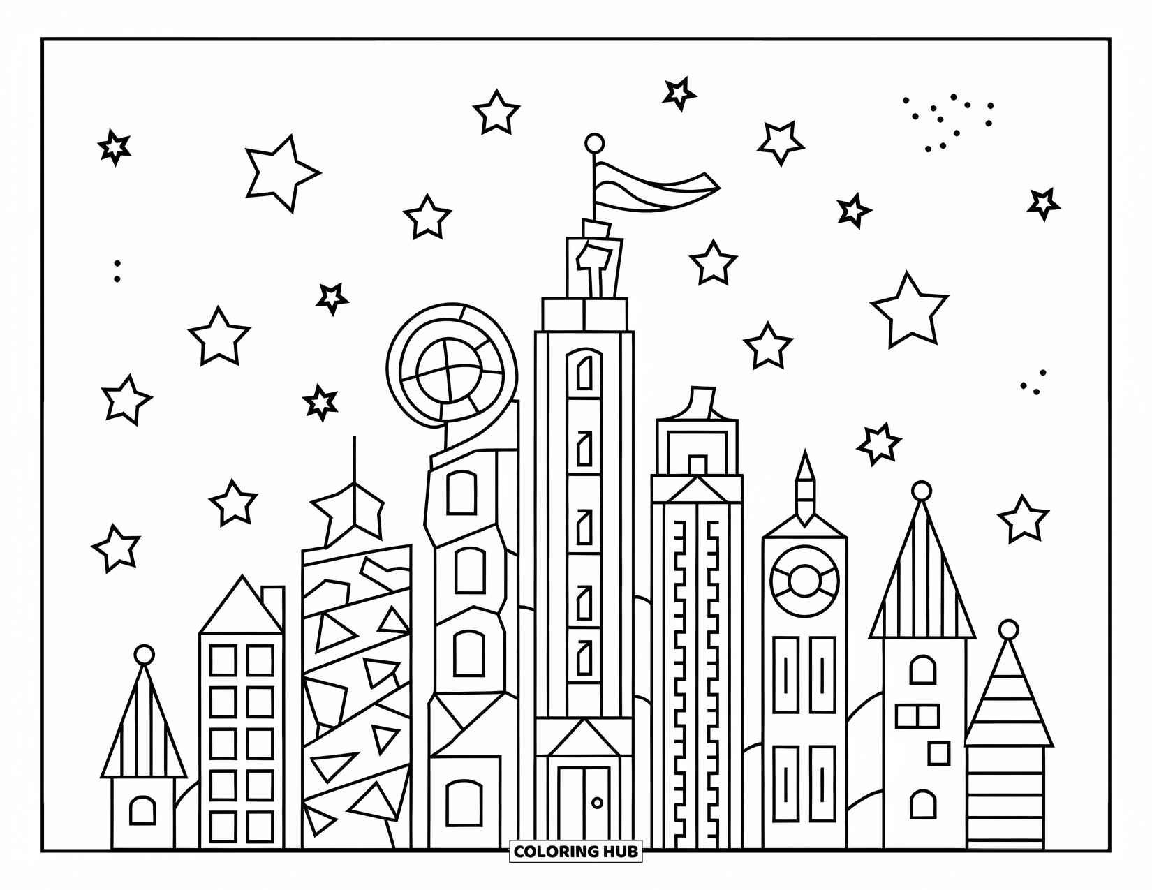 Mosaic Coloring Page for Kids: A skyline of unique buildings with stars above and mosaic-style windows