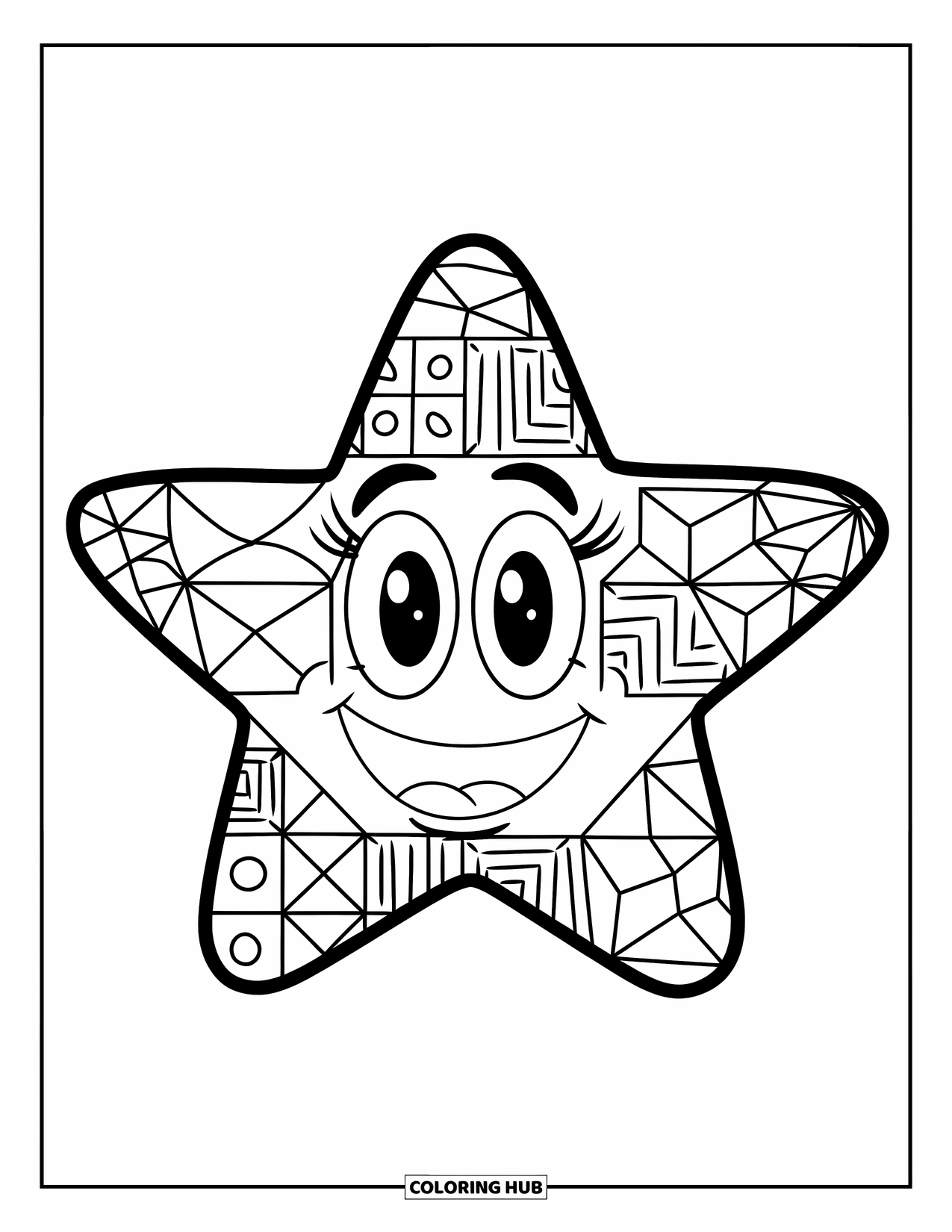 Mosaic Coloring Page for Kids: A smiling star made of geometric tiles shines with big, happy eyes