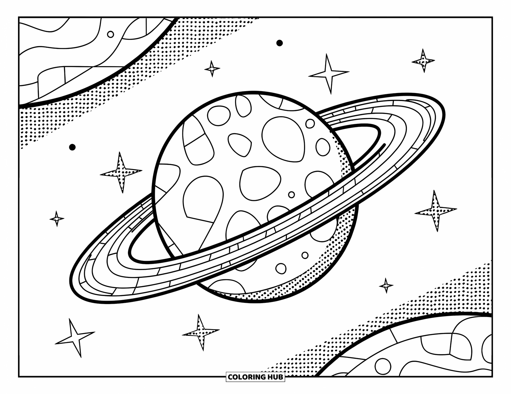 Mosaic Coloring Page for Kids: A textured mosaic planet with rings and dotted stars in space