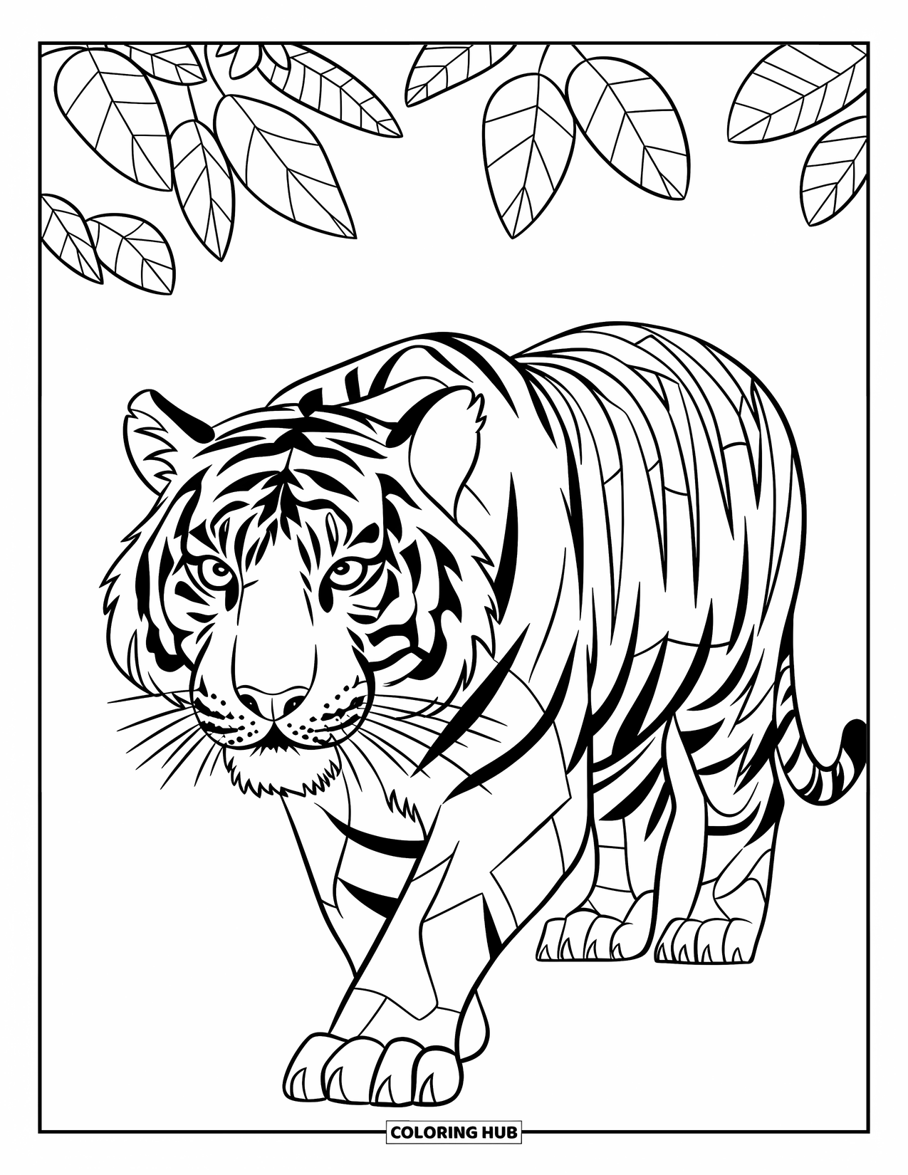 Mosaic Coloring Page for Kids: A tiger with mosaic stripes strolls forward past flowers and leafy plants