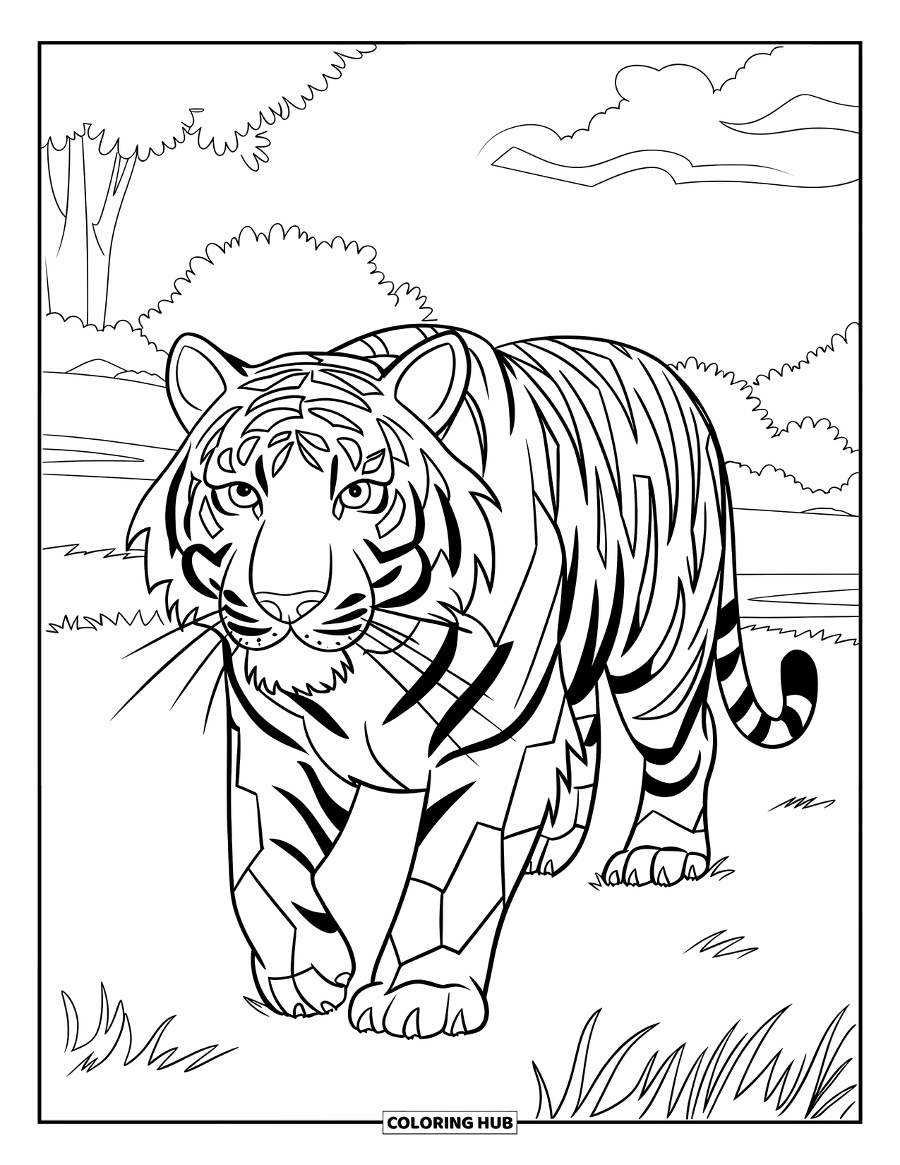 Mosaic Coloring Page for Kids: A tiger with mosaic-style stripes walks across a grassy field with trees