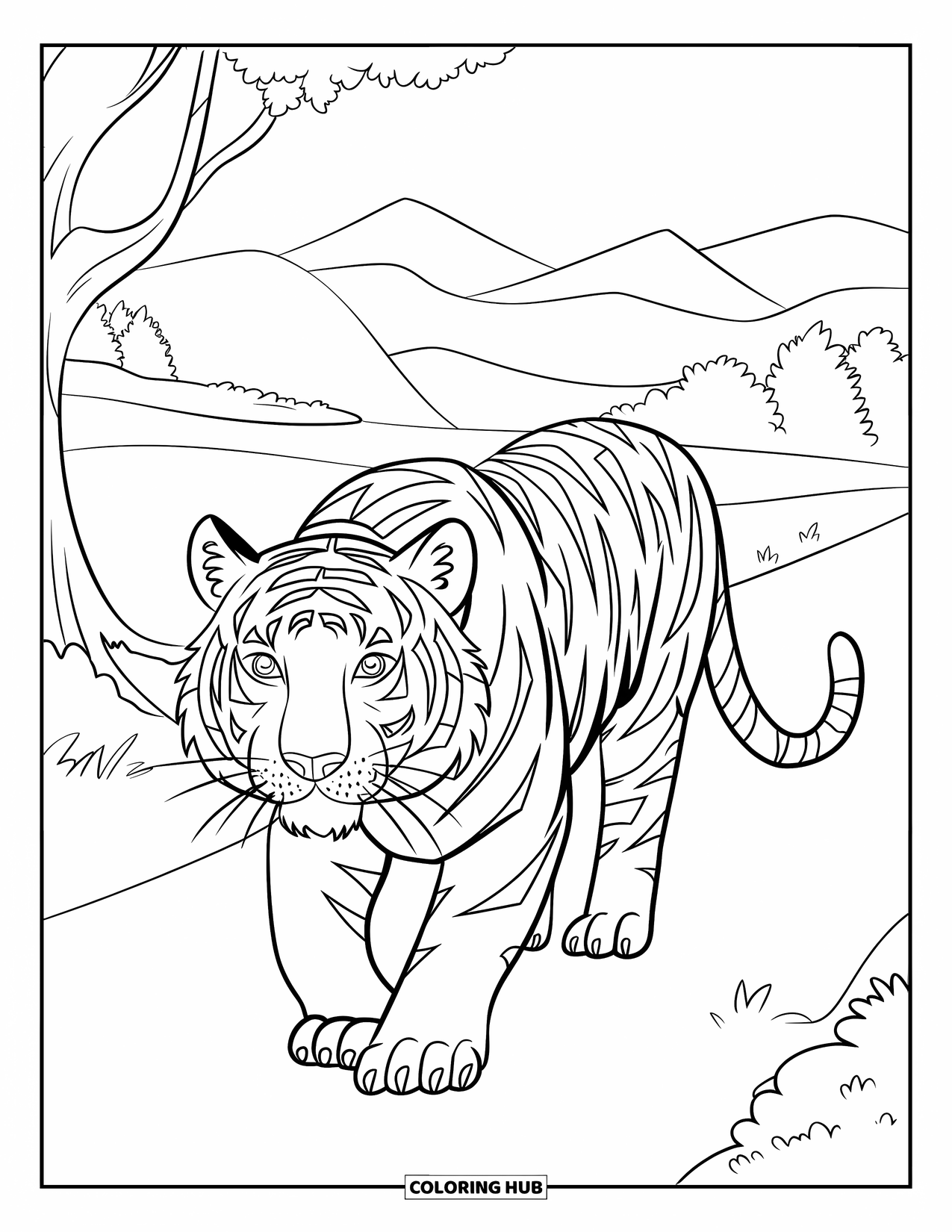 Mosaic Coloring Page for Kids: A tiger with shard-like stripes walks a path surrounded by trees and hills