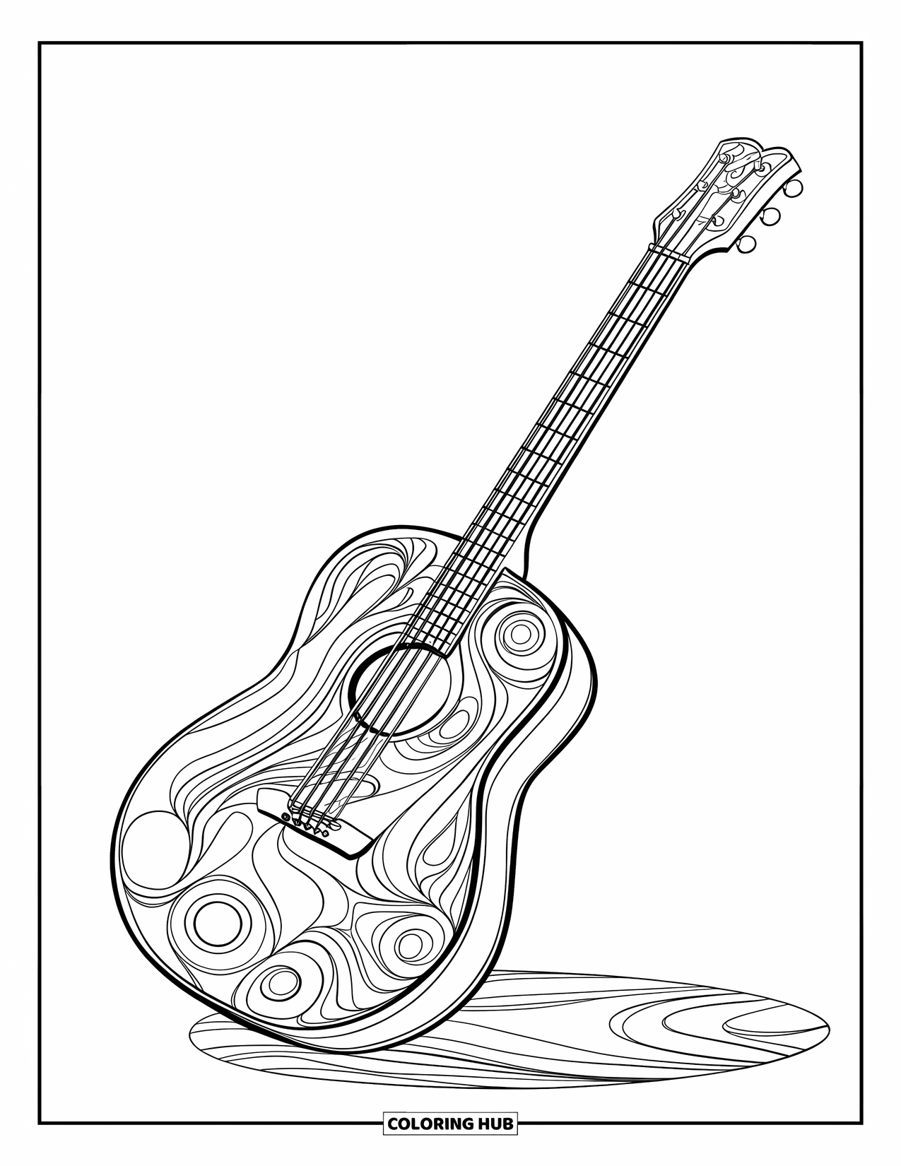 Mosaic Coloring Page for Kids: A tilted guitar with mosaic swirls and no background elements