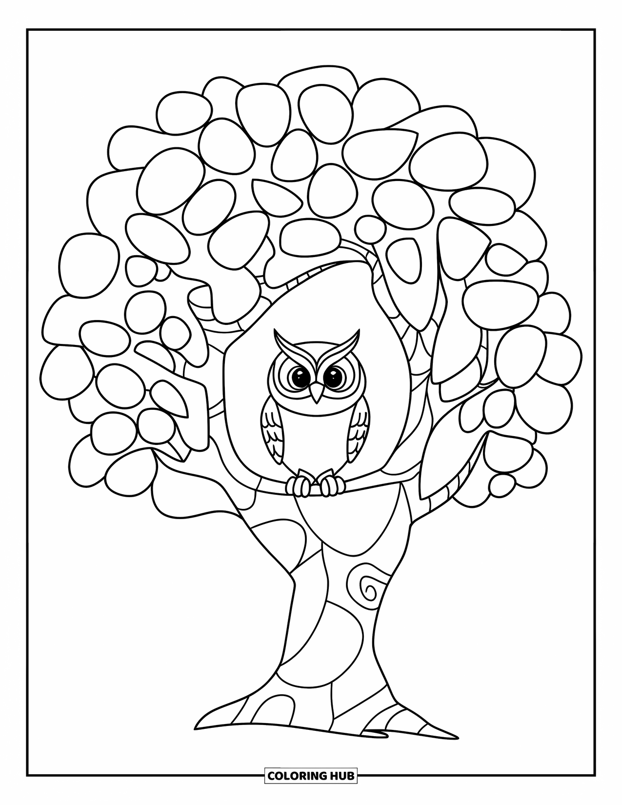 Mosaic Coloring Page for Kids: A tree with rounded mosaic leaves and a friendly owl on a branch