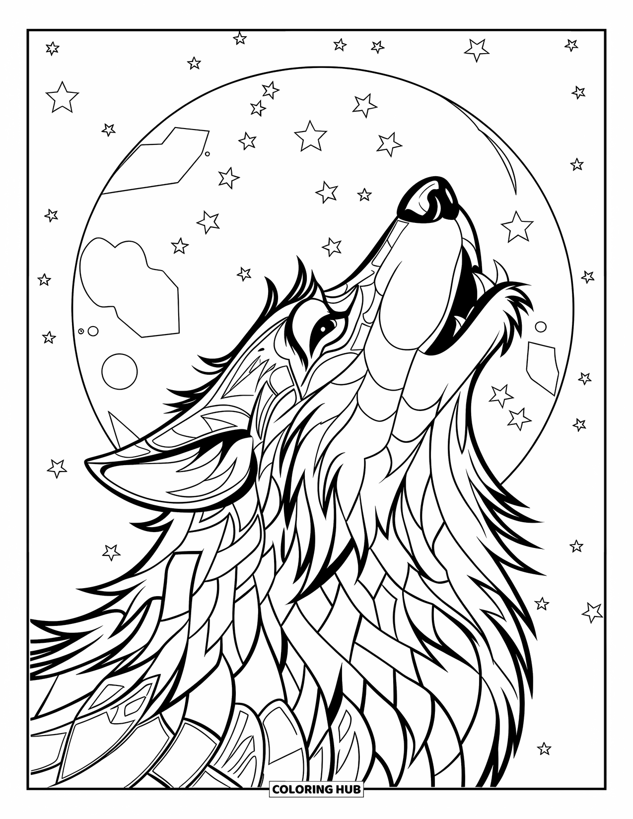 Mosaic Coloring Page for Kids: A wolf howls at the moon with fur made of mosaic shards