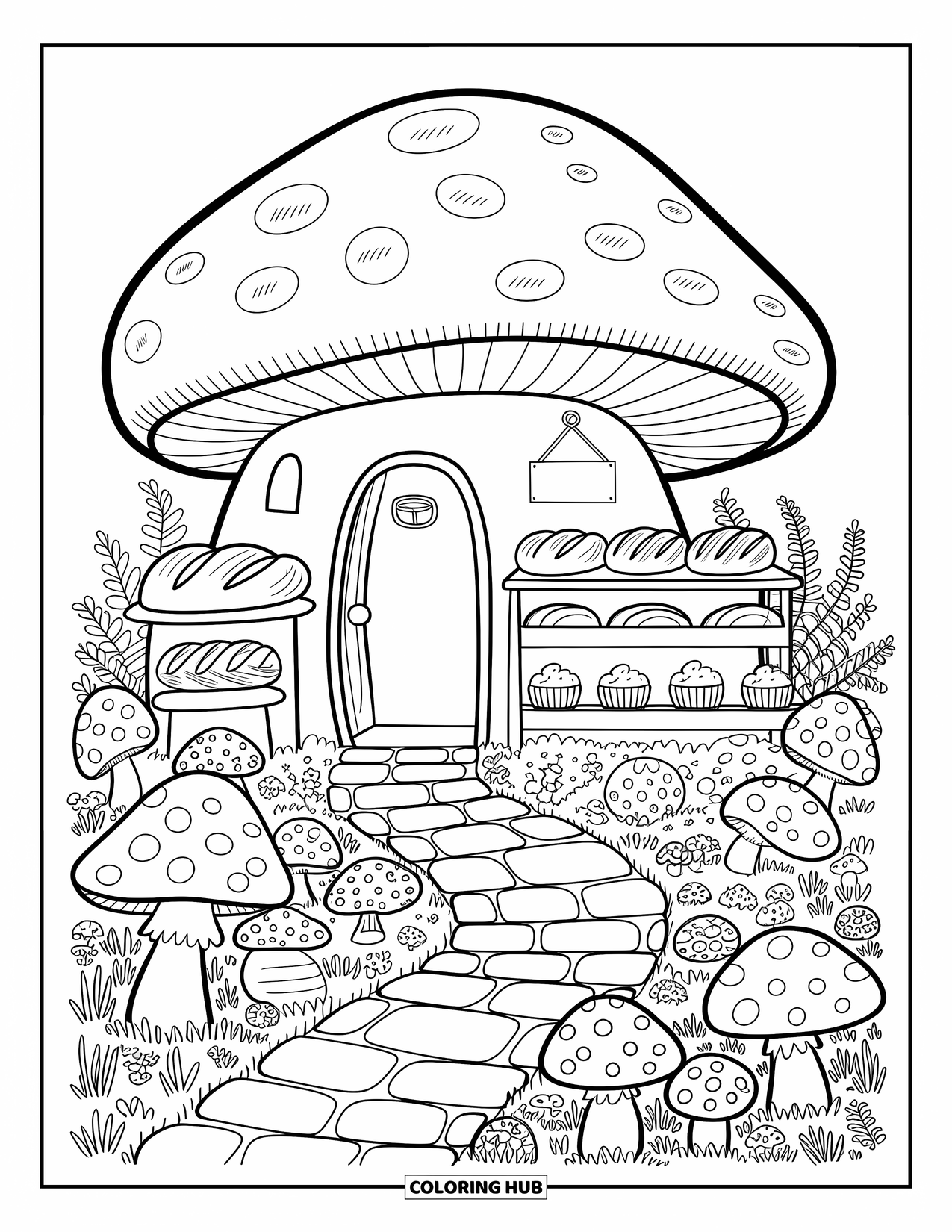 Mushroom Gnome Coloring Page for Adults: Charming mushroom bakery with flowers, herbs, and baked goods