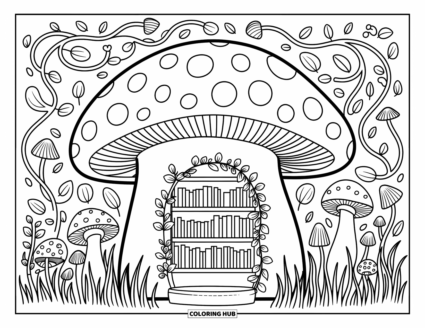 Mushroom Gnome Coloring Page for Adults: Charming mushroom library with books, flowers, and an inviting garden