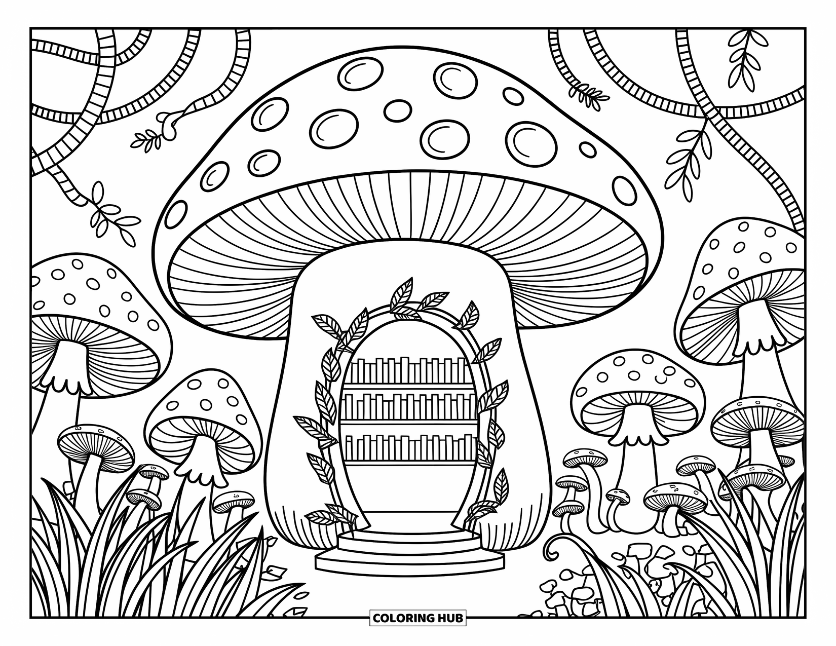 Mushroom Gnome Coloring Page for Adults: Cozy mushroom library with shelves of books and a lush garden