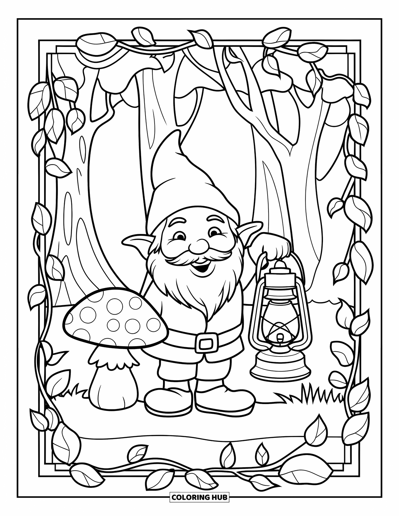 Mushroom Gnome Coloring Page for Adults: Gnome holding lantern beside mushroom framed with stained glass vines