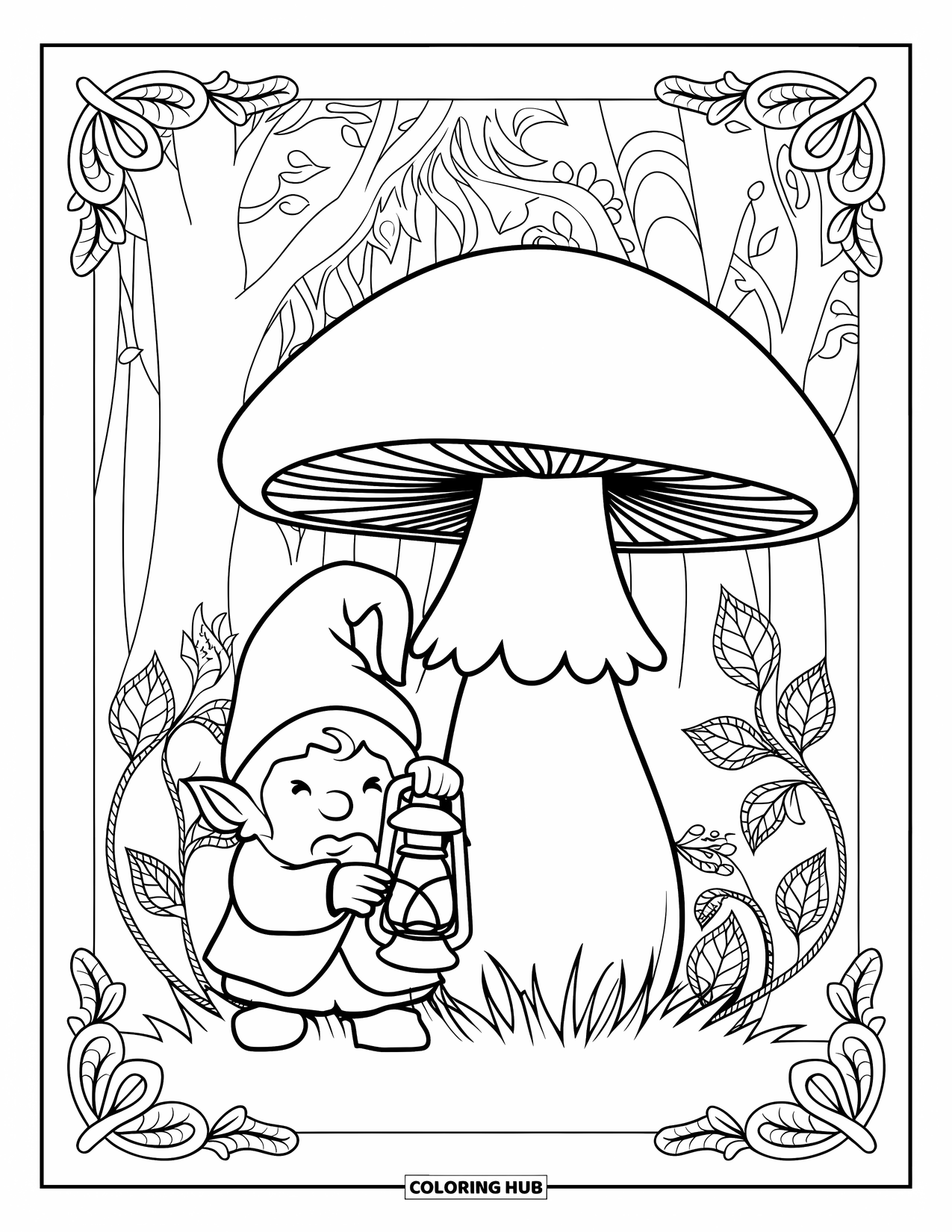 Mushroom Gnome Coloring Page for Adults: Gnome holding lantern near mushroom surrounded by vines and trees